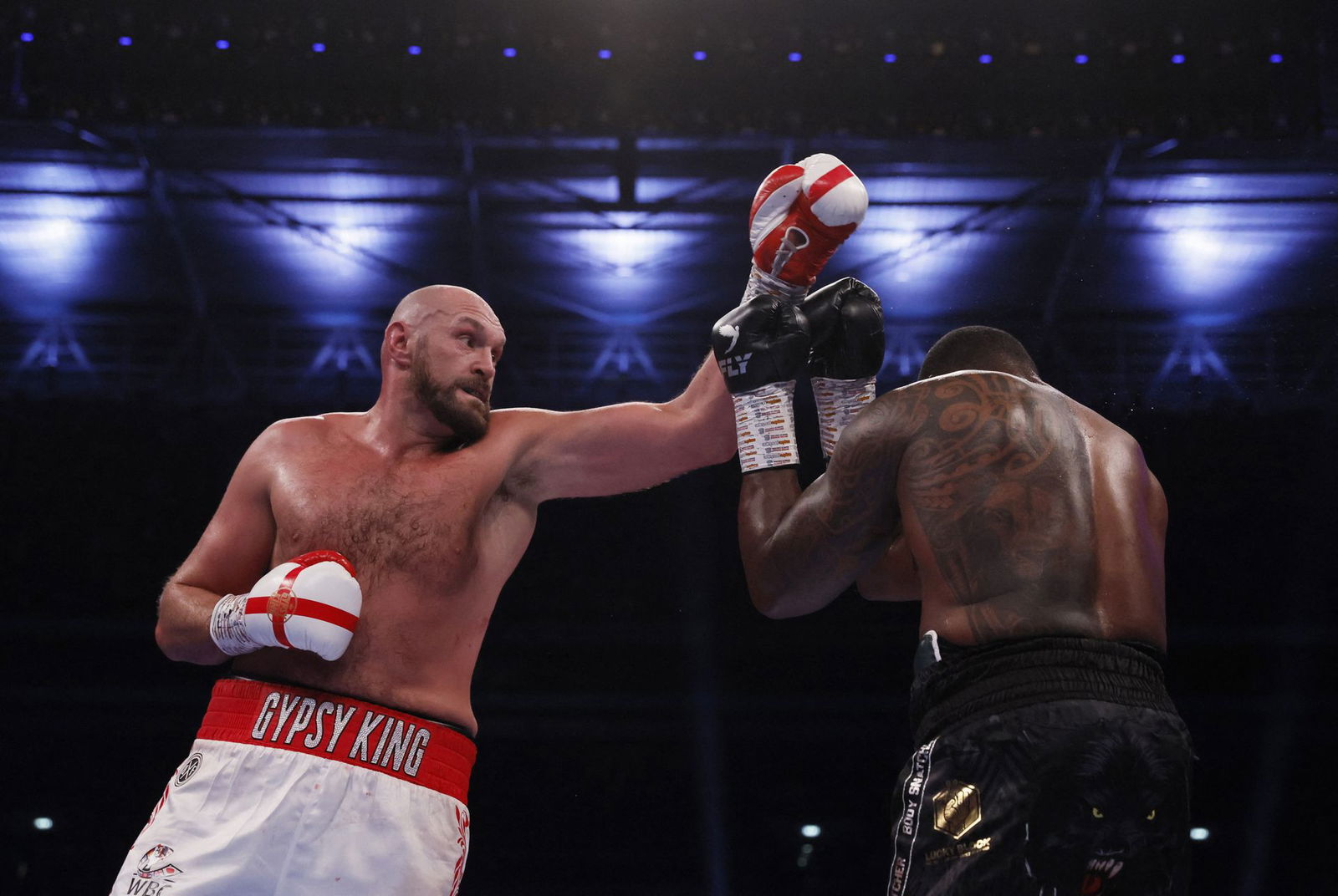 Tyson Fury in action against Dillian Whyte for the WBC world heavyweight title at Wembley Stadium in London, Britain on April 23, 2022.