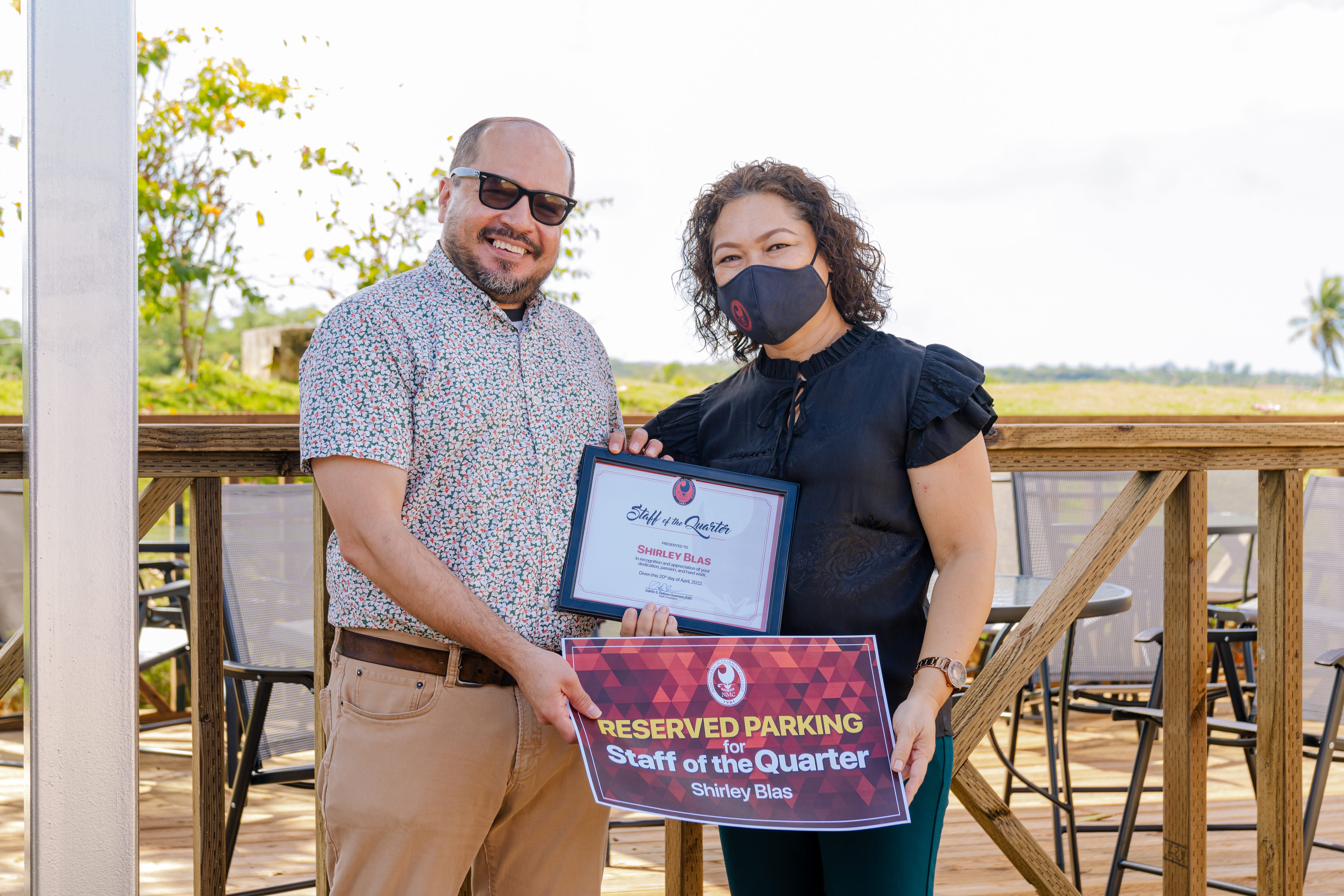 NMC Staff of the Quarter award recipient Shirley Blas, right, with NMC President Galvin Deleon Guerrero, EdD.
