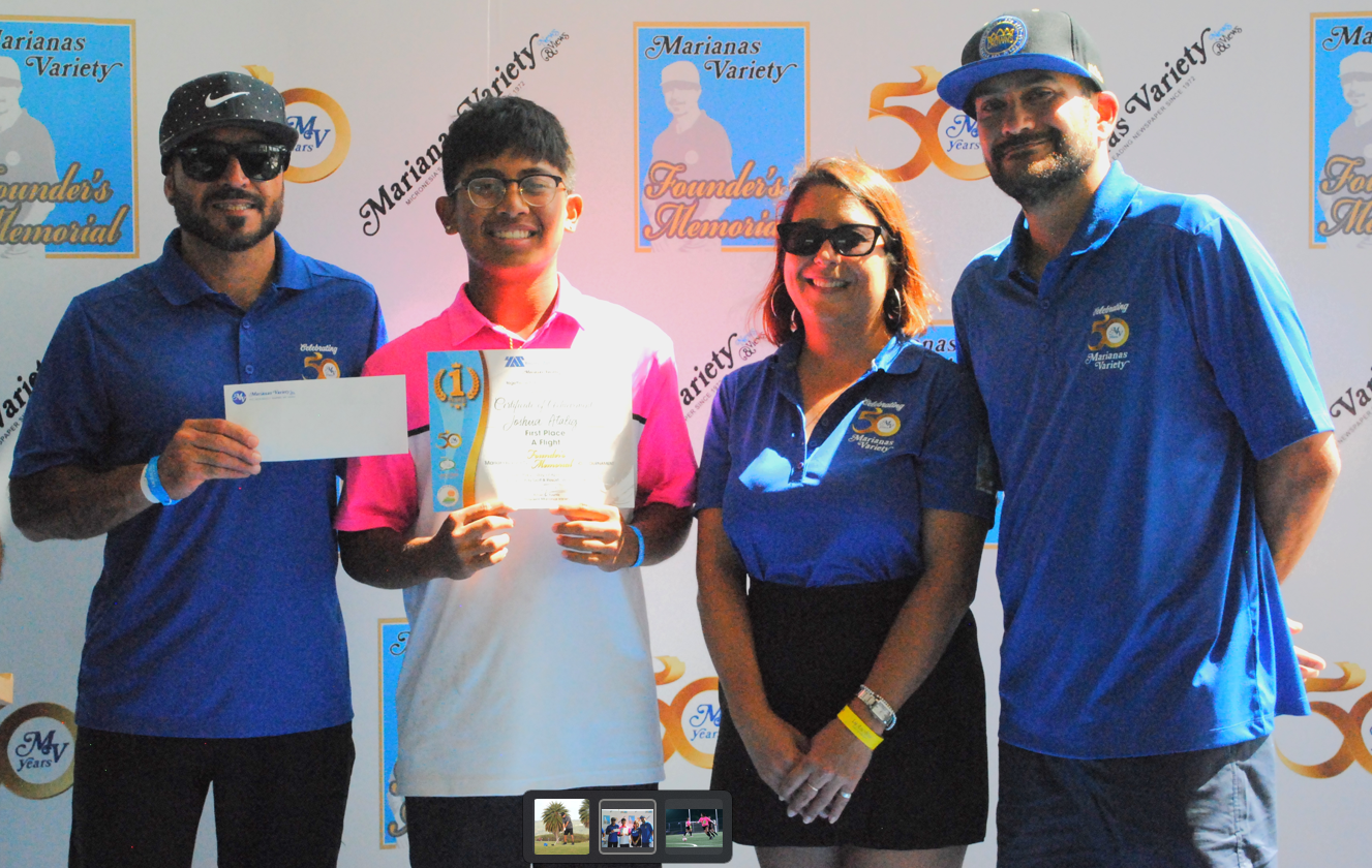 Joshua Atalig, 2nd left, poses with Marianas Variety president Amier Younis, left, and siblings Farah Younis, 2nd right, and Salam Younis during the awards ceremony of the MV Founder's Memorial Golf Tournament at  LaoLao Bay Golf & Resort on Saturday.