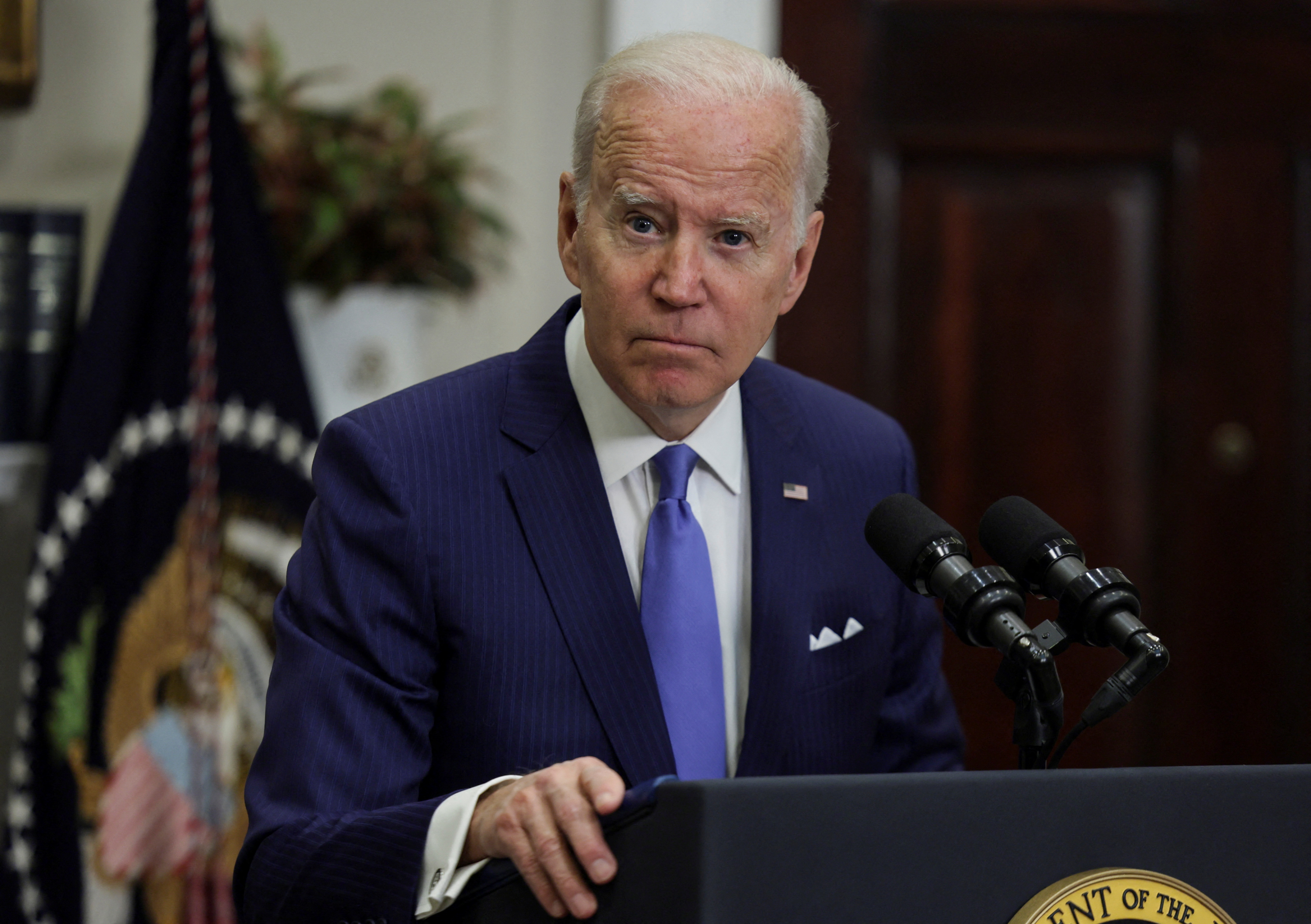 President Joe Biden speaks in the Roosevelt Room at the White House in Washington, D.C., April 28, 2022.