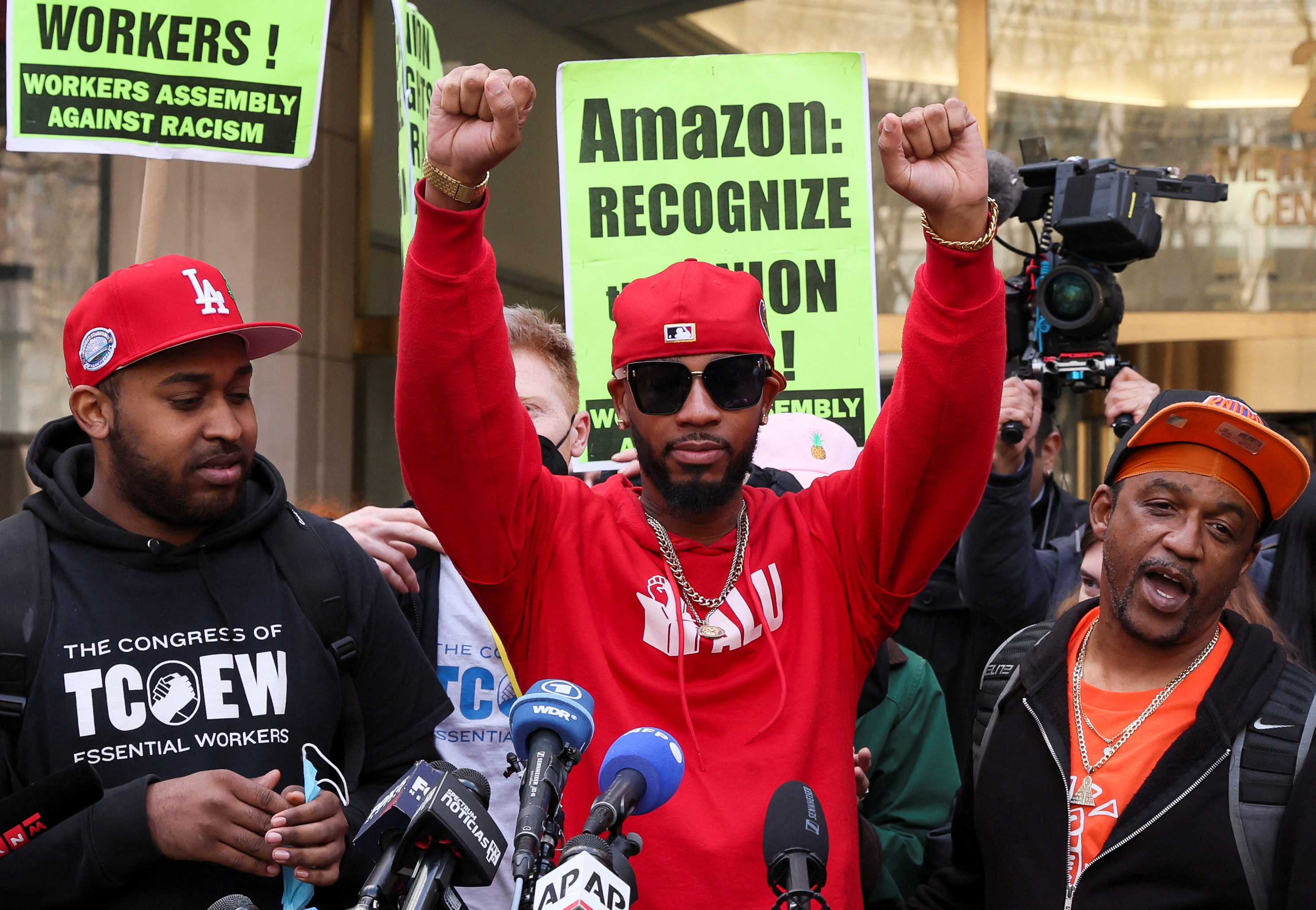 Amazon Labor Union organizer Christian Smalls reacts as ALU members celebrate official victory after hearing results regarding the vote to unionize, outside the NLRB offices in Brooklyn, New York City,  April 1, 2022.