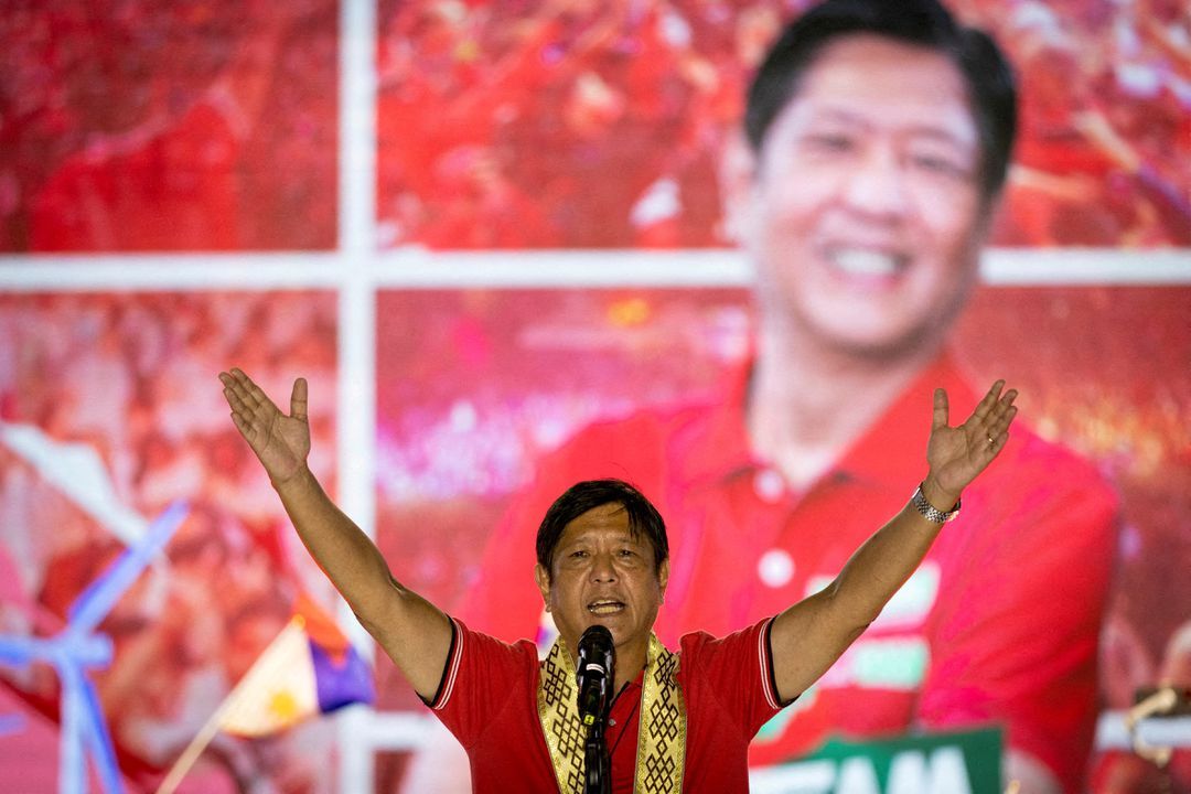 Philippine presidential candidate Ferdinand "Bongbong" Marcos Jr., son of the late strongman Ferdinand Marcos, delivers a speech during a campaign rally in Lipa, Batangas province, south of Manila, April 20, 2022.
