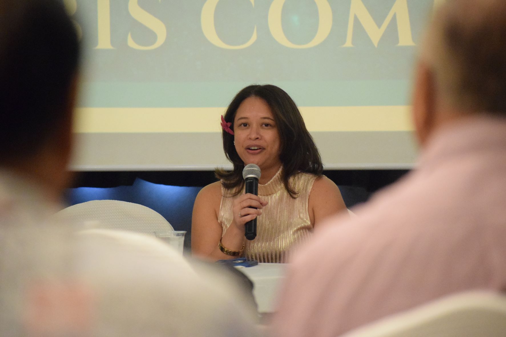 CNMI Cannabis Commission Chairwoman Nadine Deleon Guerrero answers a question during a panel discussion with stakeholders in Saipan World Resort's Sunflower Room on Wednesday.