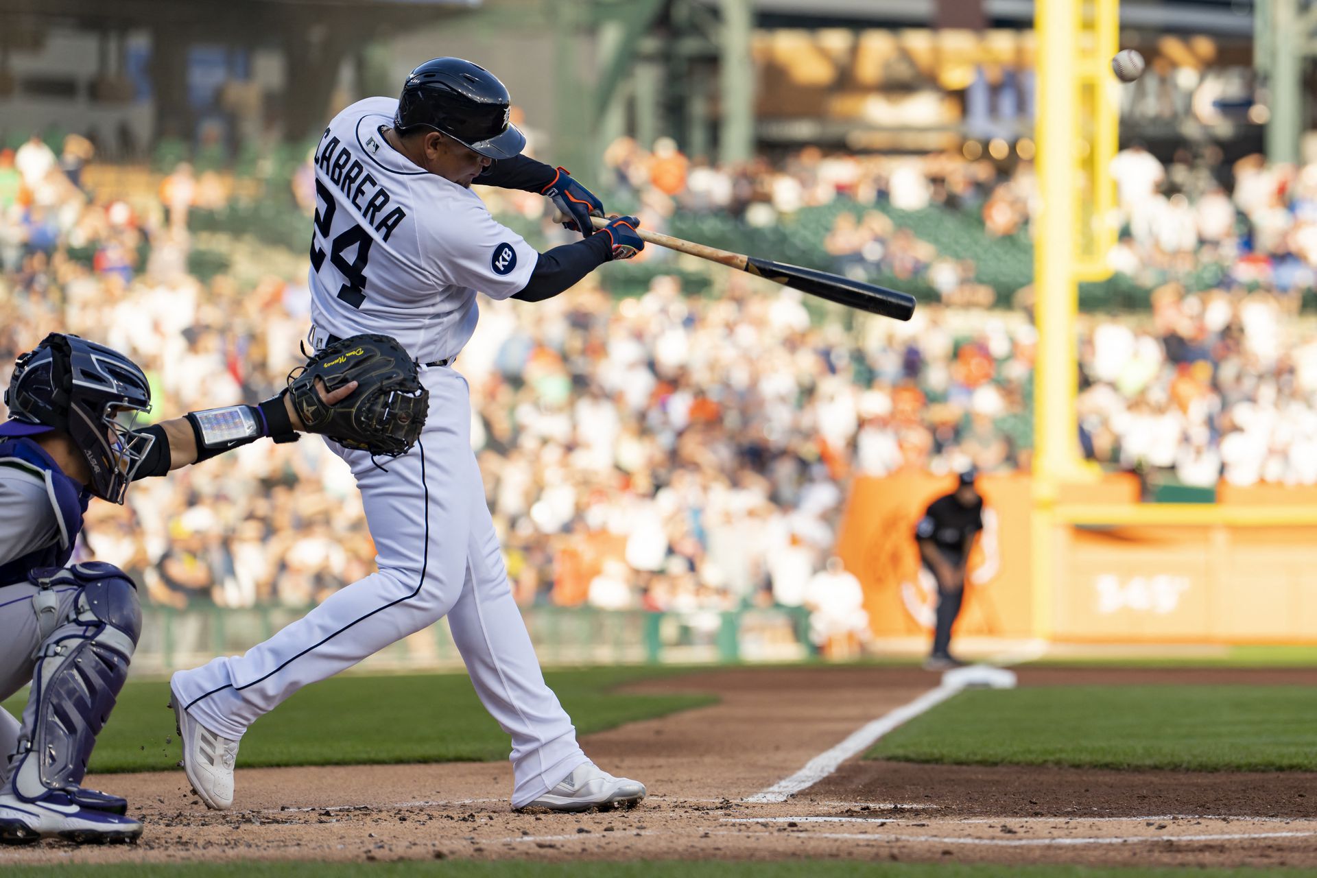 Detroit Tigers designated hitter Miguel Cabrera (24) hits a single during the first inning against the Colorado Rockies at Comerica Park in Detroit, Michigan on April 23, 2022.