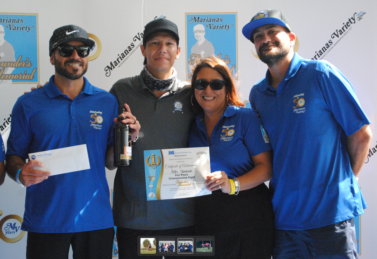 Peter “Dung” Tenorio, 2nd left, poses with Marianas Variety president Amier Younis, left, and siblings Farah Younis, 2nd right, and Salam Younis during the awards ceremony of the MV Founder's Memorial Golf Tournament at  LaoLao Bay Golf & Resort on Saturday.