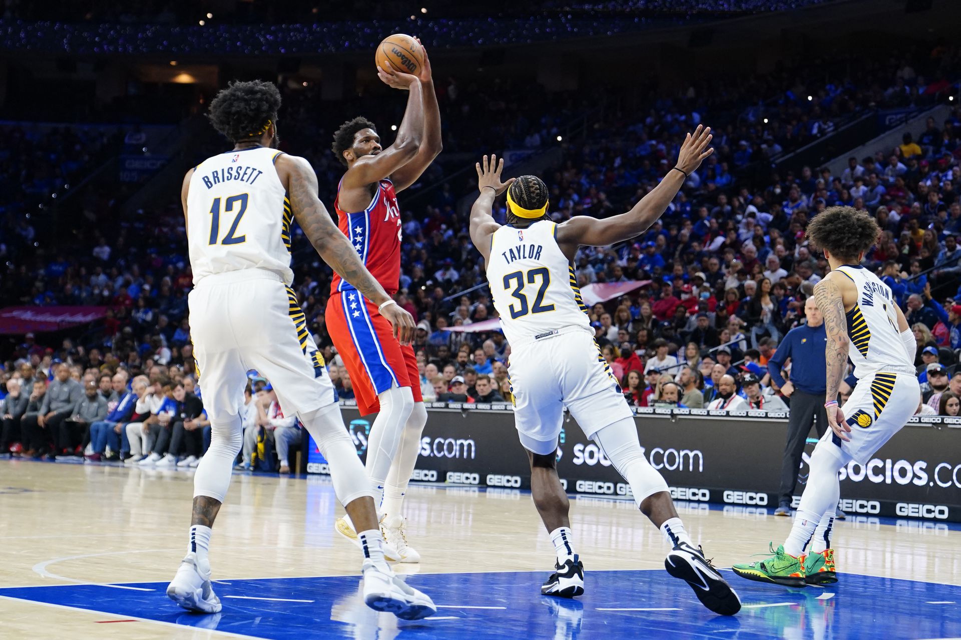 Philadelphia 76ers center Joel Embiid (21) shoots the ball against Indiana Pacers shooting guard Terry Taylor (32) during the second half at Wells Fargo Center  in Philadelphia, Pennsylvania on Reuters April 9, 2022.