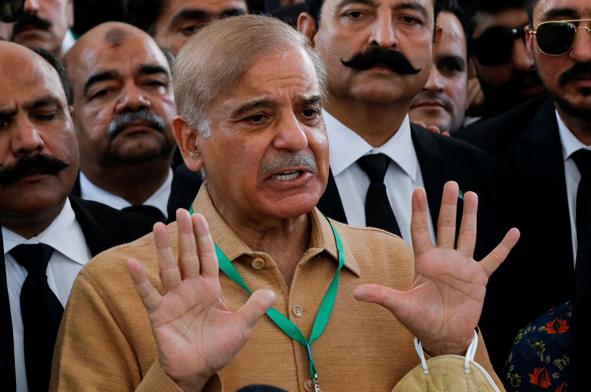 Leader of the opposition Mian Muhammad Shehbaz Sharif, brother of former Prime Minister Nawaz Sharif, gestures as he speaks to the media at the Supreme Court of Pakistan in Islamabad, Pakistan April 7, 2022.