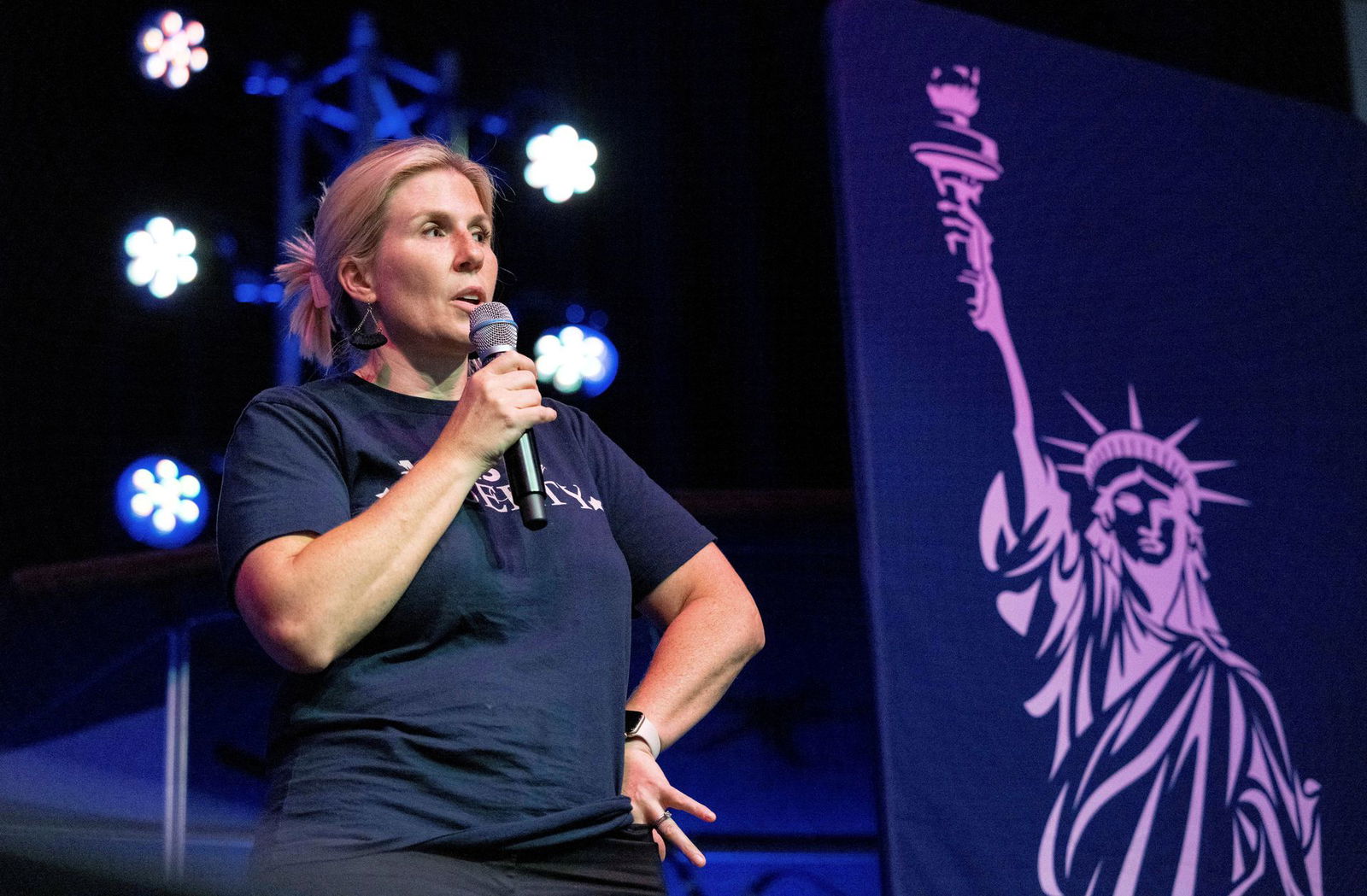 Robin Steenman, chair of the local chapter of Moms for Liberty, leads the group's chapter meeting at Generations Church, in Franklin, Tennessee on Aug. 17, 2021.