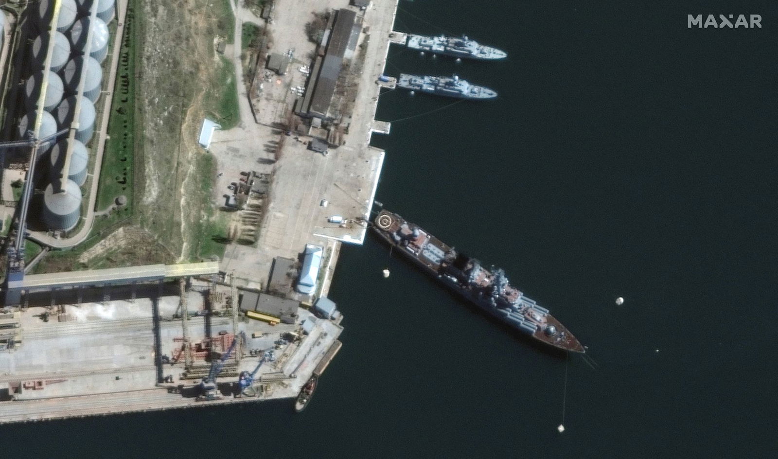A satellite image shows a view of Russian Navy's guided missile cruiser Moskva at port, in Sevastopol, Crimea, April 7, 2022.