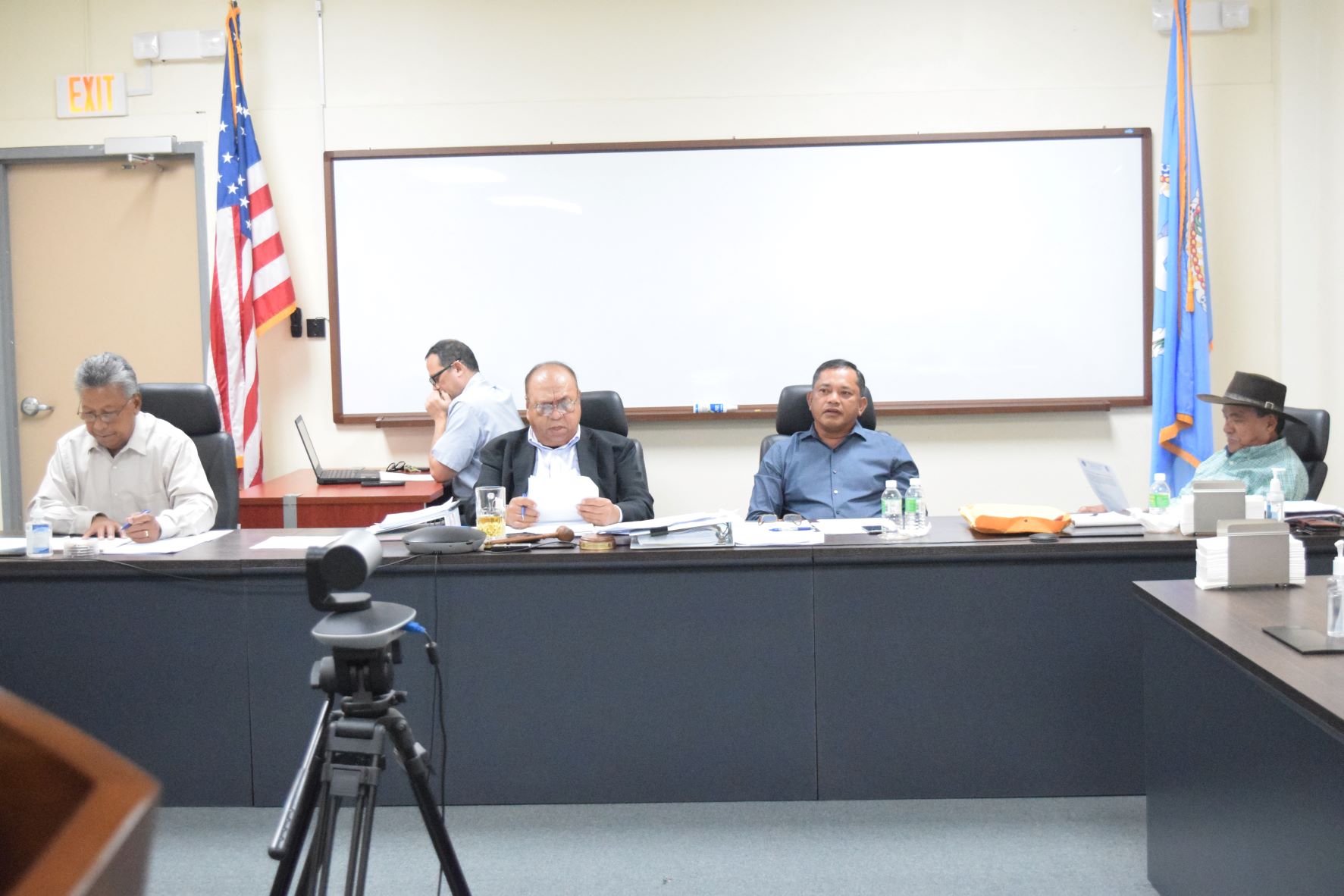 From left, front row, Commonwealth Casino Commission treasurer Mario Taitano, chairman Edward C. Deleon Guerrero, vice chairman Ralph Demapan, and secretary Ramon Dela Cruz during a meeting Thursday at Springs Plaza in Gualo Rai.