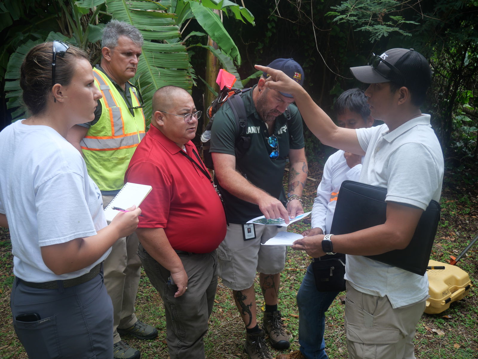 Part of IRP’s mission is to assist government agencies with environmental assessments (biological/archaeological) to ensure compliance with regulatory permits. Photo shows, clockwise, Samantha Meyer/Biologist, Scott Bierly/Archaeologist, Mariano Iglecias/Engineer, Randy Teal/Biologist along with CUC’s Engineer Joel Puyat conduct a site visit for the Fina Sisu Lane sewerline replacement project.