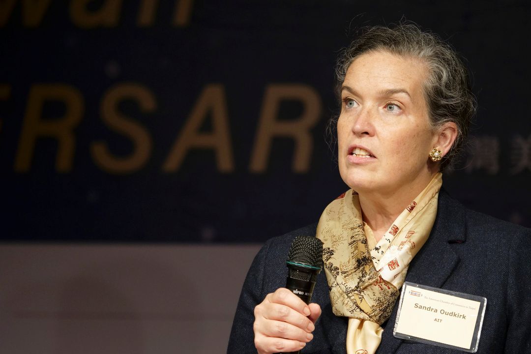 American Institute in Taiwan Director Sandra Oudkirk speaks at an event marking the 70th anniversary of American Chamber of Commerce in Taipei, Taiwan on Dec. 8, 2021.REUTERS