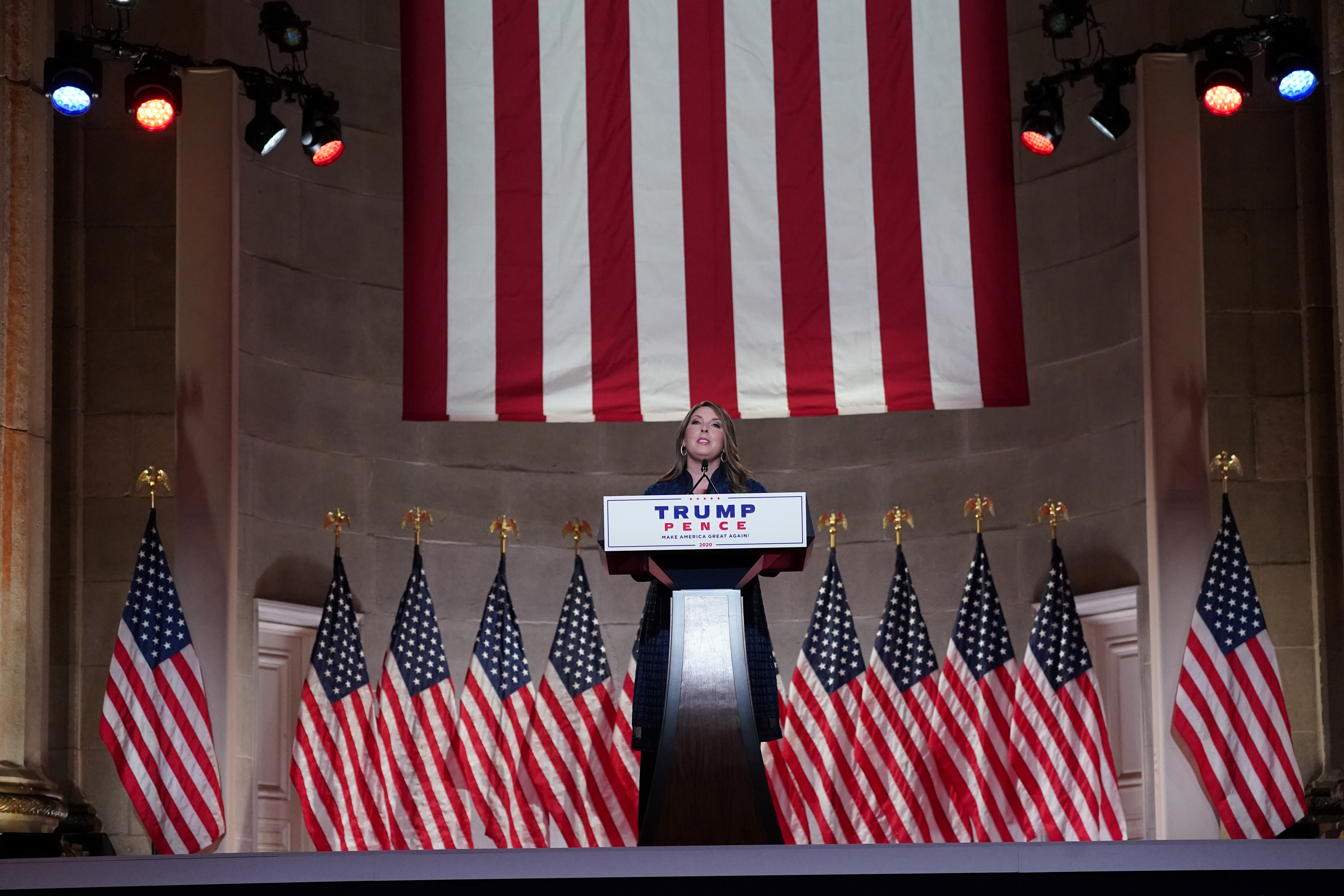 Republican National Committee Chairperson Ronna McDaniel speaks to the largely virtual 2020 Republican National Convention in a live address from the Mellon Auditorium in Washington, D.C., Aug. 24, 2020.
