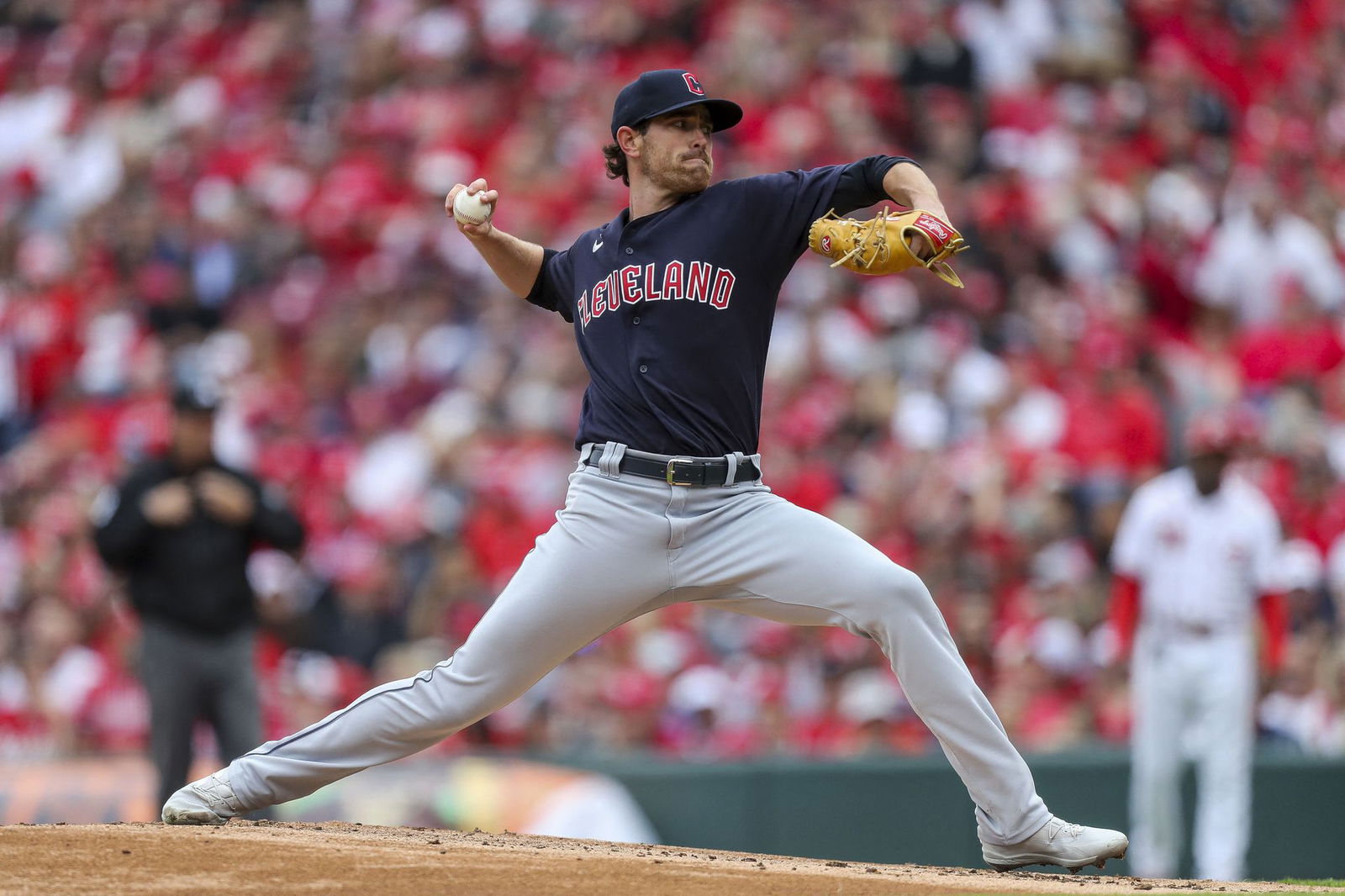 Cleveland Guardians starting pitcher Shane Bieber (57) throws a pitch against the Cincinnati Reds in the first inning at Great American Ball Park in Cincinnati, Ohio on Tuesday.