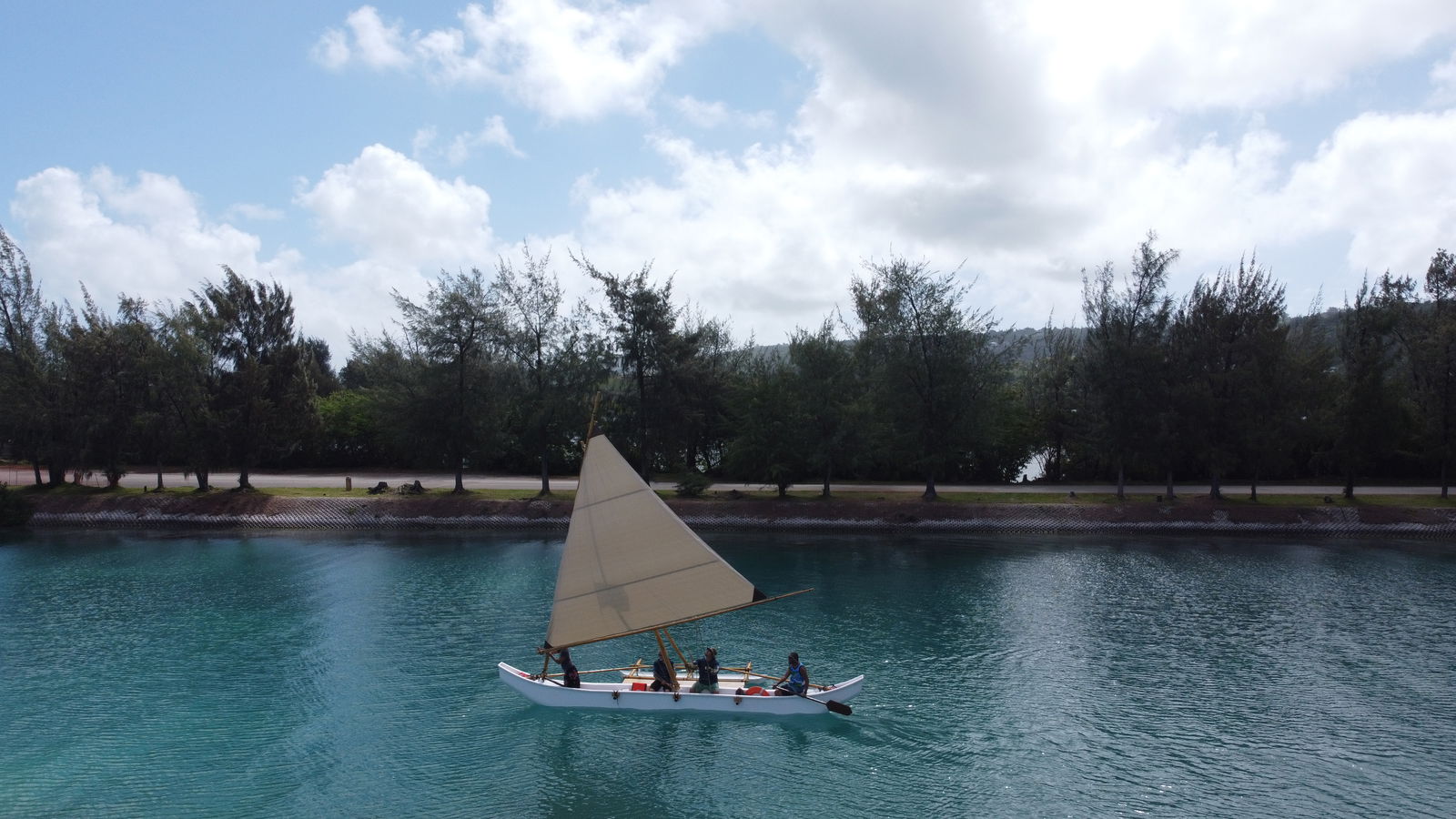 The sailing canoe Anaguan is captained by Master Navigator Cecilio Raiukiulipiy.
