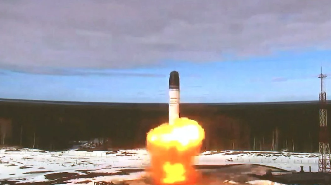 The Sarmat intercontinental ballistic missile is launched during a test at Plesetsk cosmodrome in Arkhangelsk region, Russia, in this still image taken from a video released on April 20, 2022.