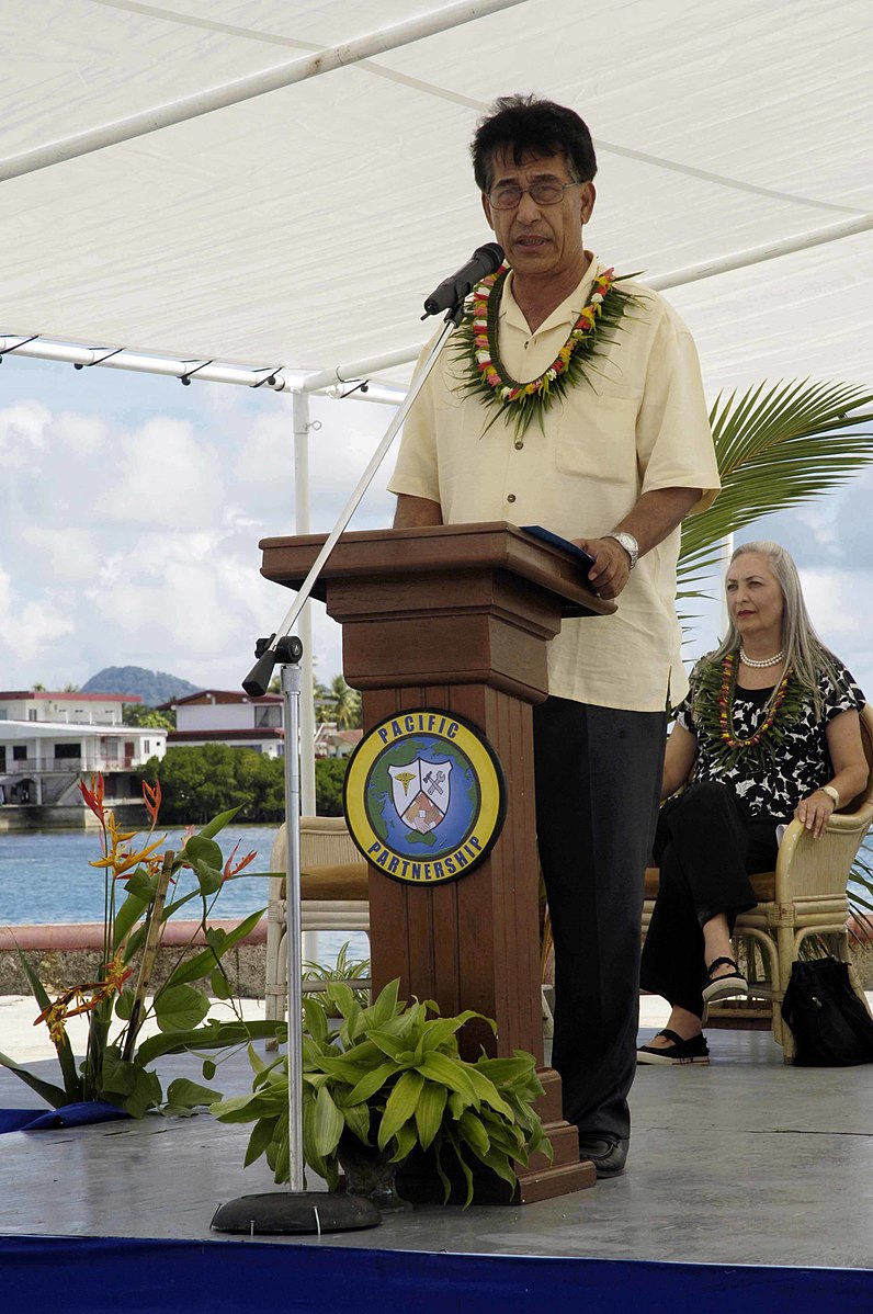 Emanuel Mori speaks at an August 2008 ceremony in Chuuk launching the Pacific Partnership to improve bilateral relations with the United States in addressing mutual issues and concerns.