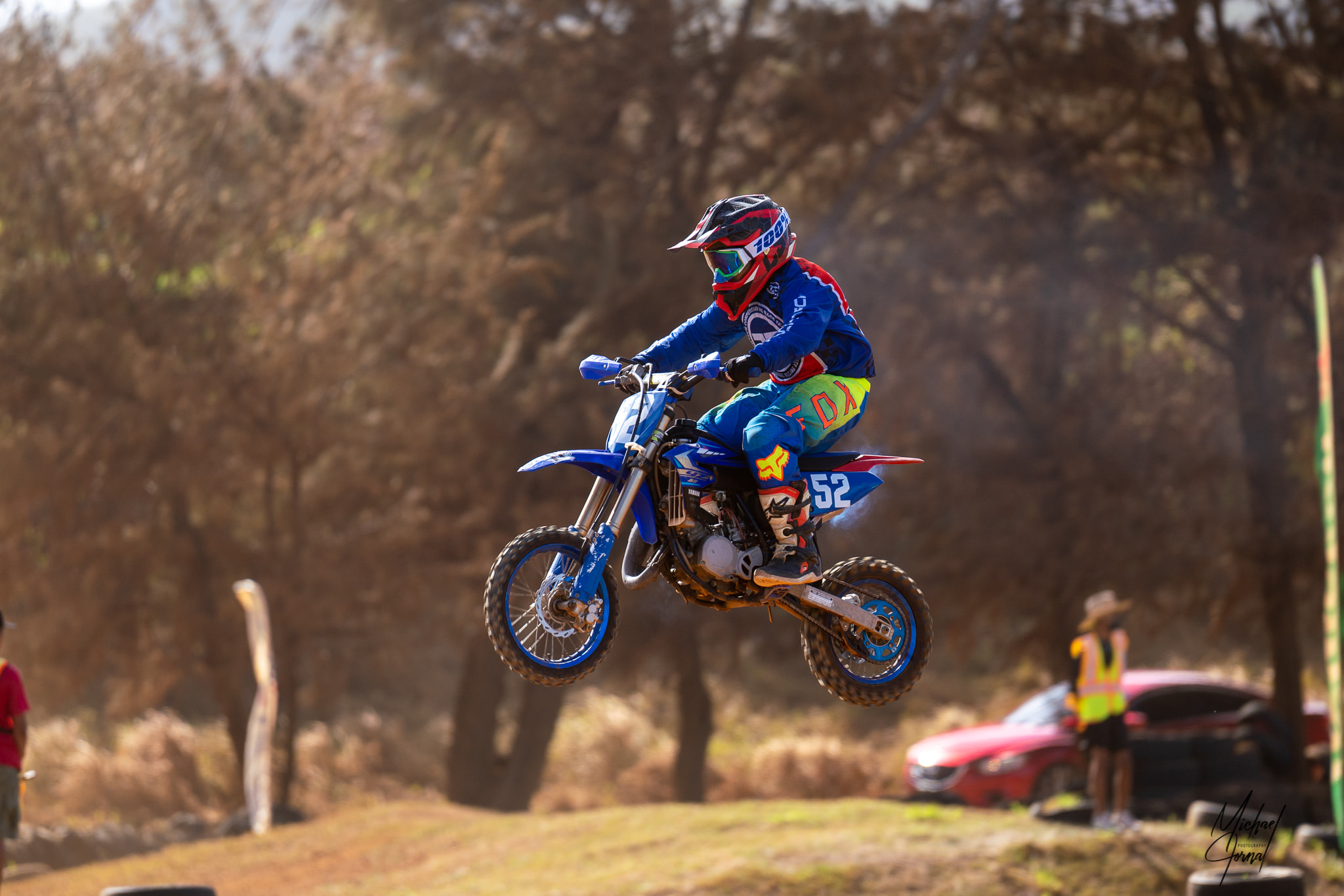 Stanley Iakopo Jr. takes flight  during a Mini I Class race of the 2022 Points Race Series in Cow Town Raceway Park.