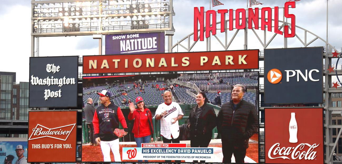 FSM President Panuelo, with Ambassador Cantor, Ambassador Susaia, and First Lady Edwin, prepares to throw the first pitch.
