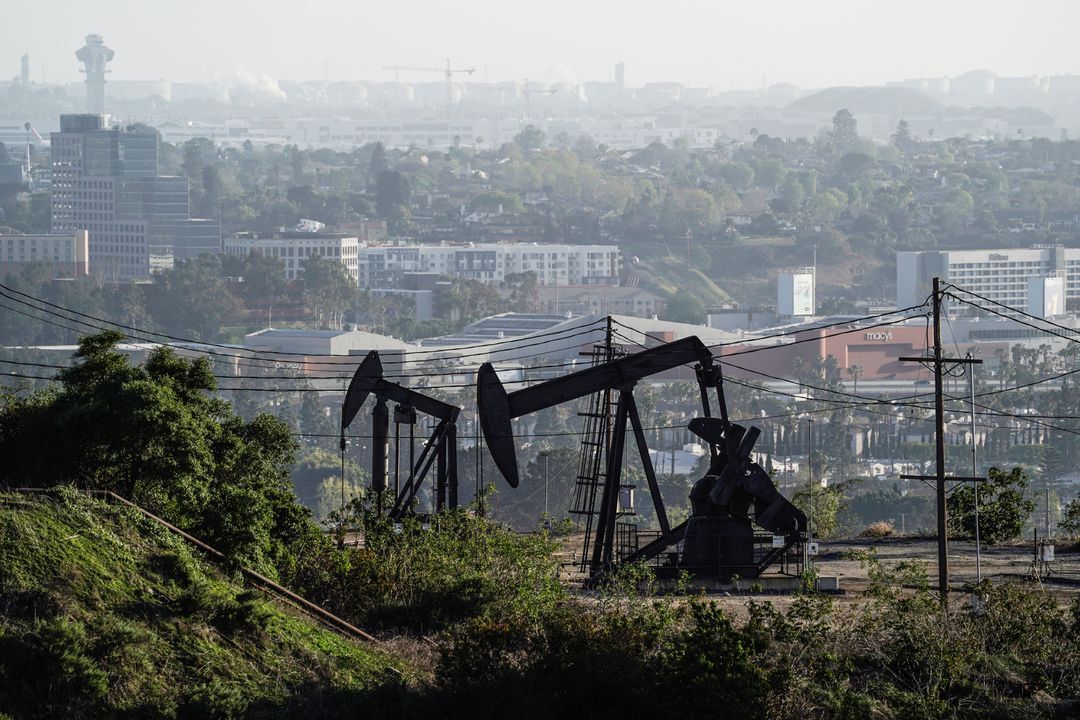 Active pumpjacks from oil wells are pictured at the Inglewood Oil Field, the largest urban oil field in the United States, from the Baldwin Hills Scenic Overlook in Culver City, California, March 10, 2022.