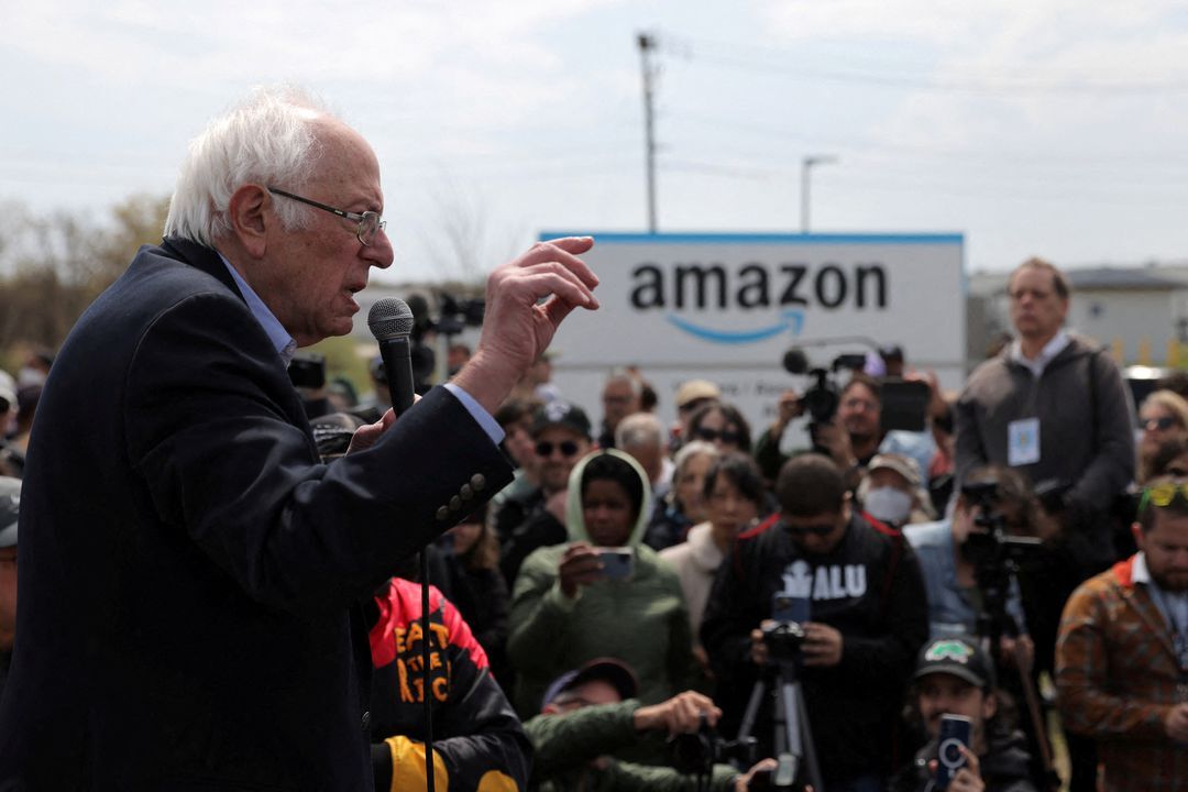 U.S. Sen. Bernie Sanders speaks at an Amazon facility during an Amazon Labor Union rally in Staten Island, New York City on April 24, 2022.