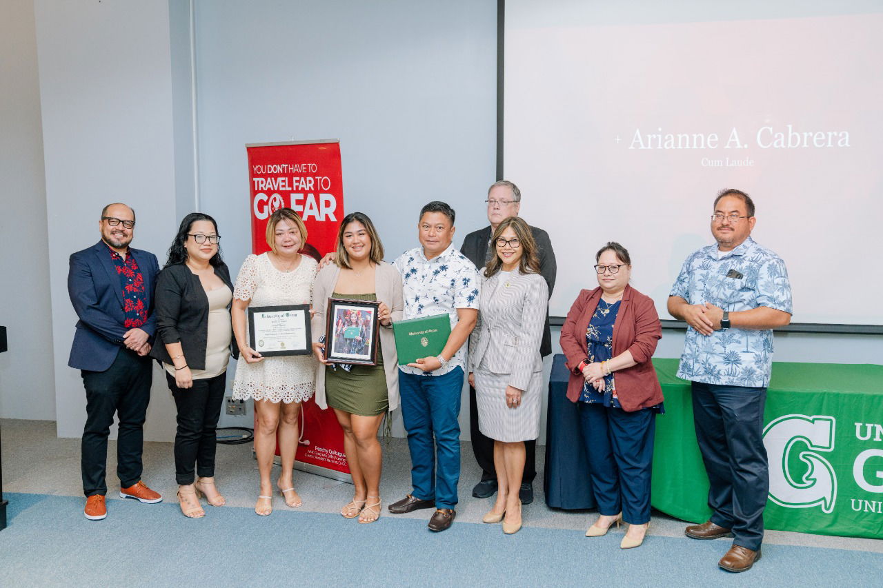 The family members of the late Arianne Cabrera, a graduate of the University of Guam’s criminal justice program, were present at the ceremony to receive Cabrera’s diploma. In photo are Northern Marianas College President Galvin Deleon Guerrero, NMC Regent Zenie Mafnas, Joan Boongaling, Jorianne Cabrera, Ray Boongaling, UOG Associate Professor of Public Administration Ronald McNinch-Su, Dean of UOG’s School of Business and Public Administration Annete Santos, State Director for the Adult Education Program at NMC Lorraine Maui, and NMC Criminal Justice Department Chair Clement Bermudes.