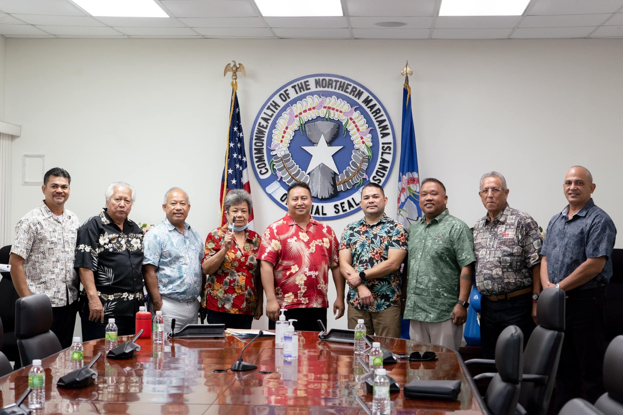 Gov. Ralph DLG Torres, center, with CNMI retirees Pedro "Pange" Pangelinan, second left, Jesus Taisague, third left, and Bertilla Camacho John, fourth left. Also in photo are Rep. Roy Ada, Senate Floor Leader Vinnie Flores, House Minority Leader Angel Demapan Reps. Joseph Leepan Guerrero and Joseph Flores.