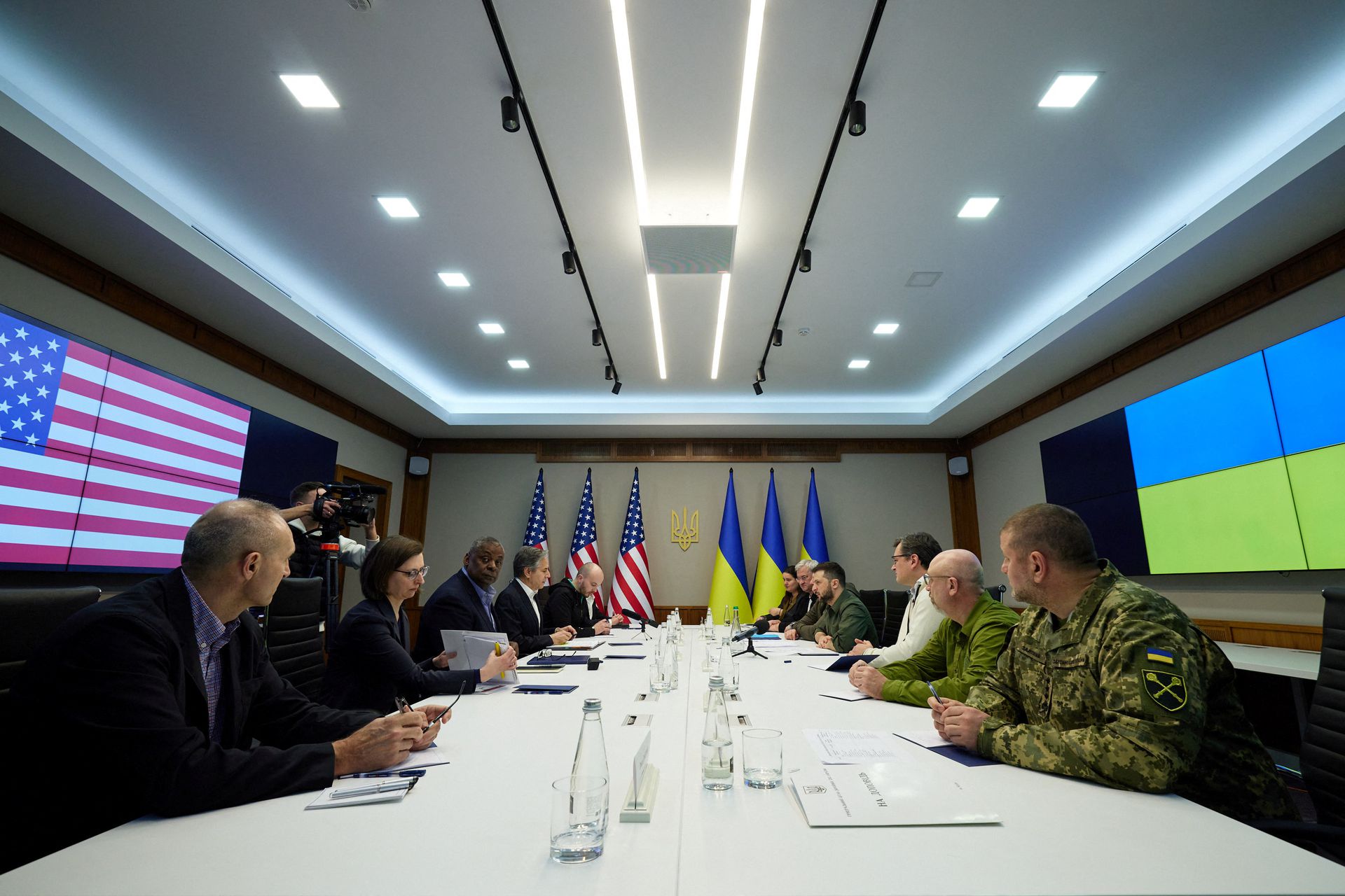 U.S. Secretary of State Antony Blinken and U.S. Defense Secretary Lloyd Austin attend a meeting with Ukraine's President Volodymyr Zelenskiy, as Russia's attack on Ukraine continues, in Kyiv, Ukraine on April 24, 2022.