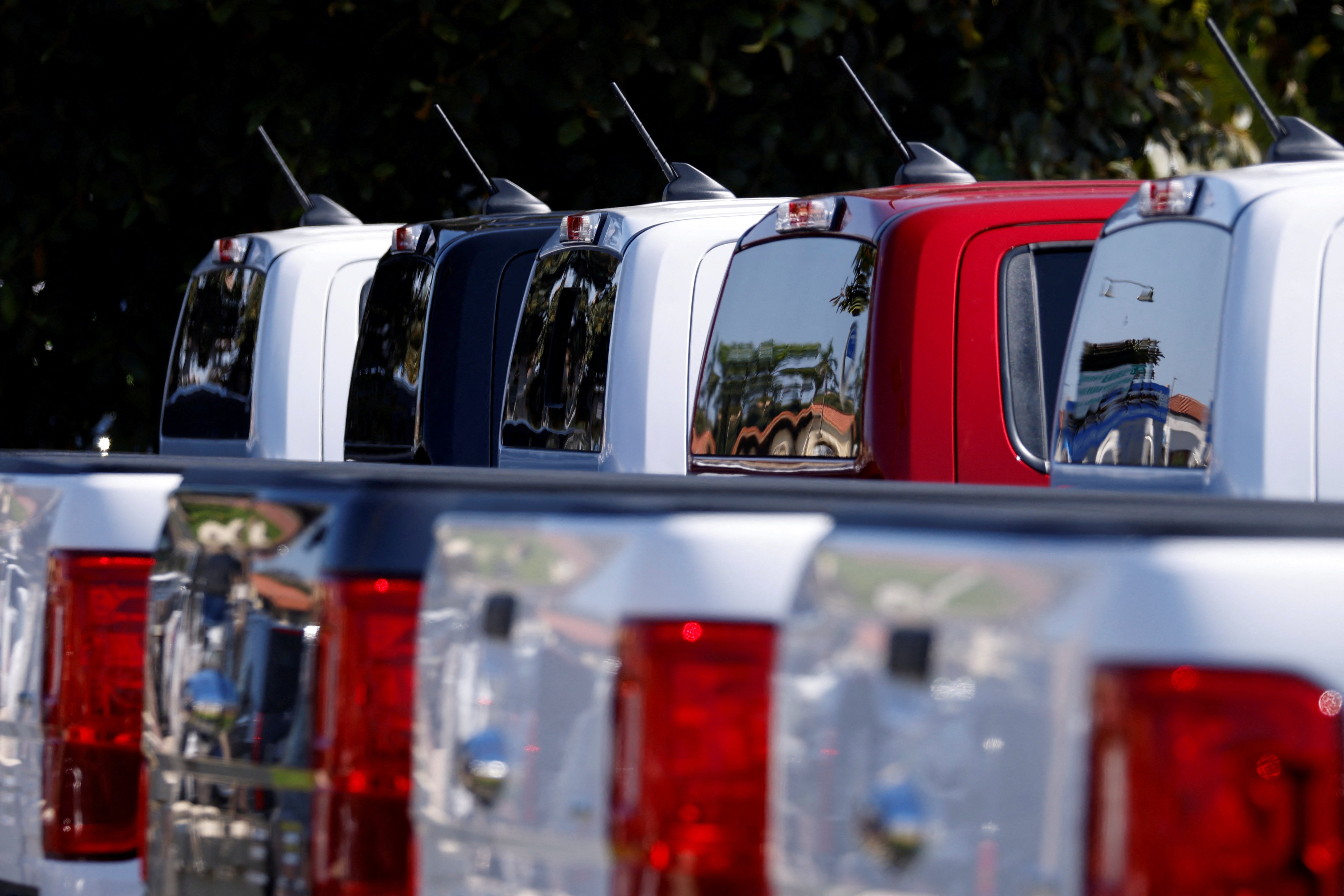 Ford pickup trucks are shown for sale in Carlsbad, California on Sept. 23, 2020.