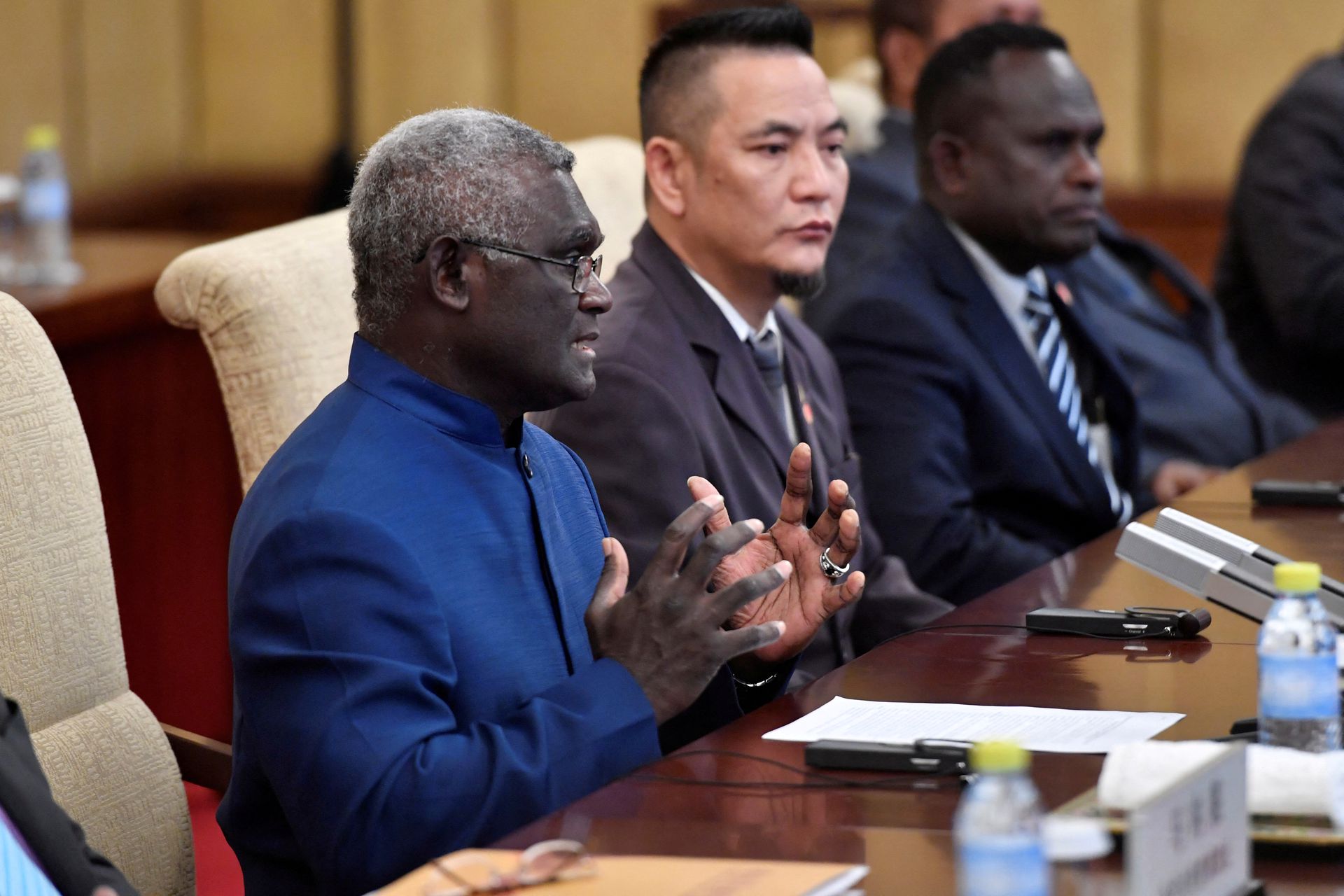 Solomon Islands Prime Minister Manasseh Sogavare talks during a meeting at the Diaoyutai State Guesthouse in Beijing, China on Oct. 9, 2019.