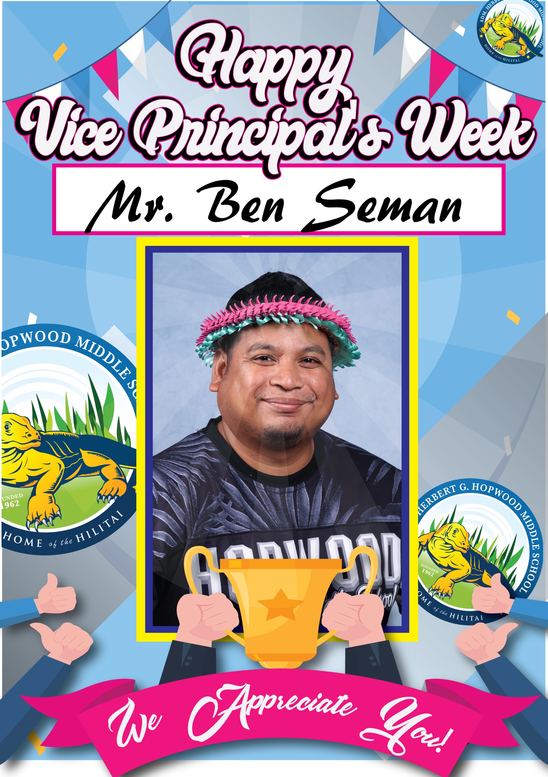 National Vice Principal's Week (April 4-8) recognizes vice principals who have demonstrated unwavering leadership — becoming a source of strength and inspiration for us all. Thank you to Hopwood Middle School vice principals, Karen Manuel and Ben Seman, for their dedication, leadership and contributions to our school