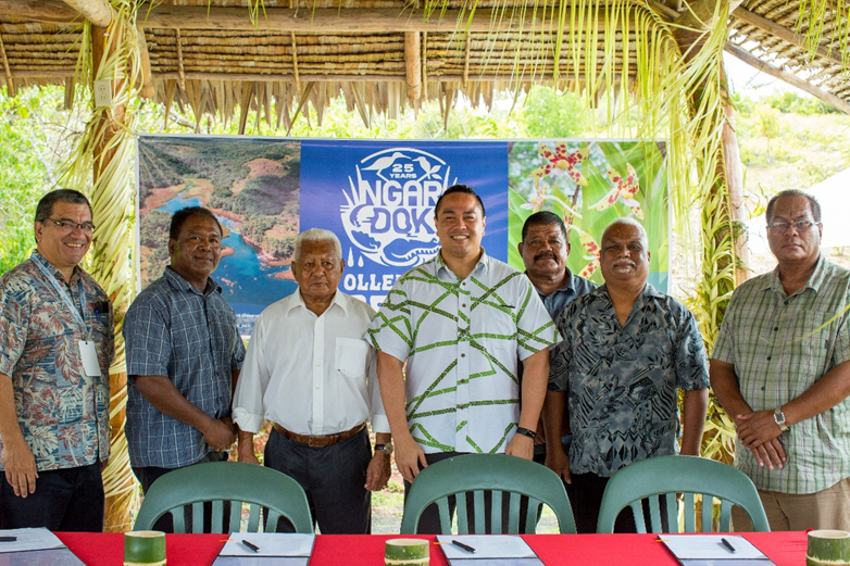 At the MOU signing ceremony, Ngardok Nature Reserve, April 12, 2022. From left, Palau Finance Minister Kaleb Udui, Melekeok Delegate Frutoso Tellei, Paramount High Chief Reklai Raphael B. Ngirmang, Interior Deputy Assistant Secretary for Insular and International Affairs Keone Nakoa, Governor of Melekeok State Henaro Polloi, Speaker of the Melekeok Legislature Sylverius Tellei, and Peleliu Delegate Nace Soalablai.