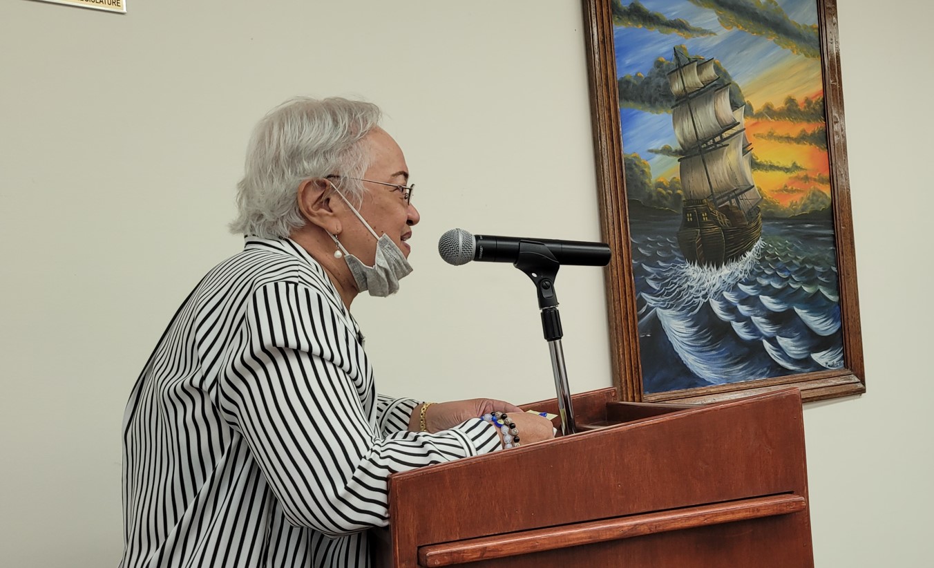 Remedio R. Sablan addresses the Senate during its special session on Monday, April 18, 2022. 