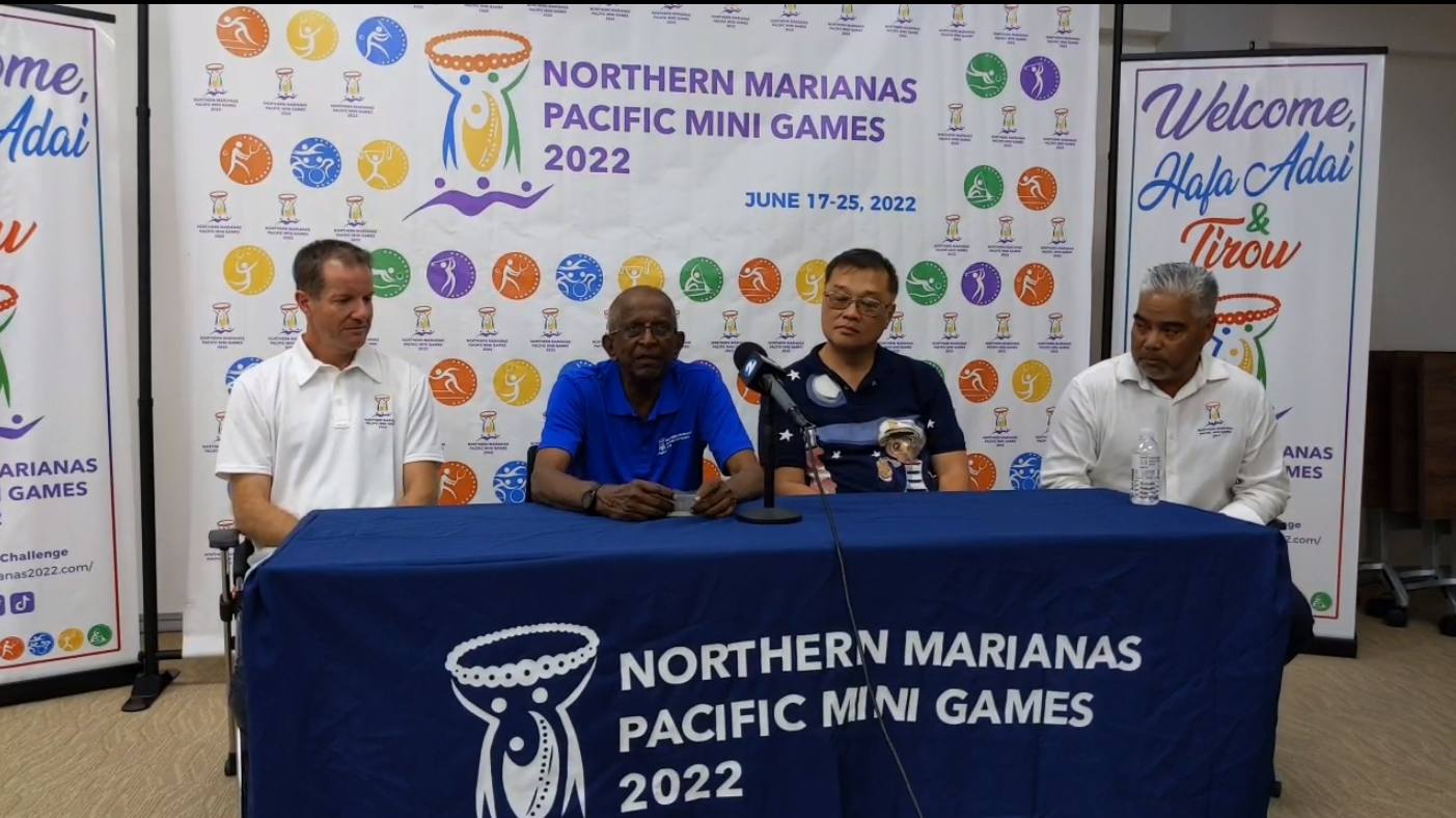 Pacific Games CEO Andrew Minogue, President Vidhya Lakhan, Northern Marianas Sports Association President Jerry Tan and Northern Marianas Pacific Mini Games 2022 Games Organizing Committee Chairman Marco Peter conduct a media conference Friday in the NMSA conference room.