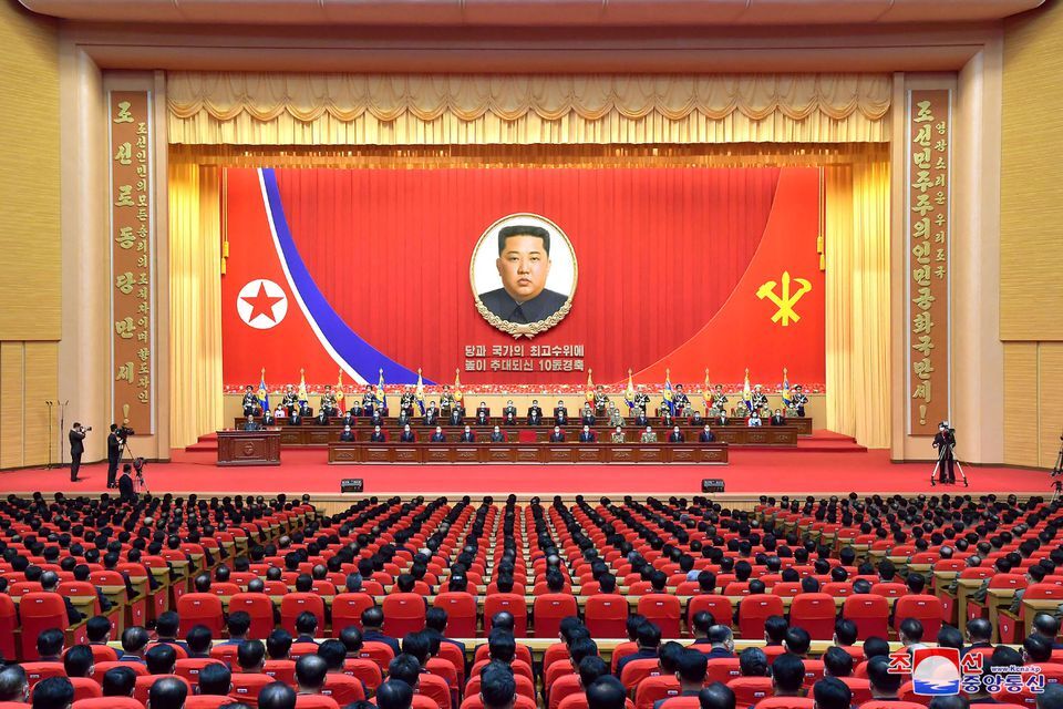 A portrait of North Korea's leader Kim Jong Un is displayed at a national meeting to commemorate Kim's 10-year anniversary as head of the country's ruling Workers' Party of Korea in Pyongyang, North Korea, April 10, 2022, in this photo released by North Korea's Korean Central News Agency.