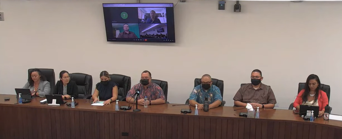 Members of the House leadership conduct a press conference in the House chamber on March 30, 2022. From left, Reps. Leila Staffler, Tina Sablan, Corina Magofna, Speaker Edmund S. Villagomez, Vice Speaker BJ Attao, Reps. Donald Manglona and Sheila Babauta.