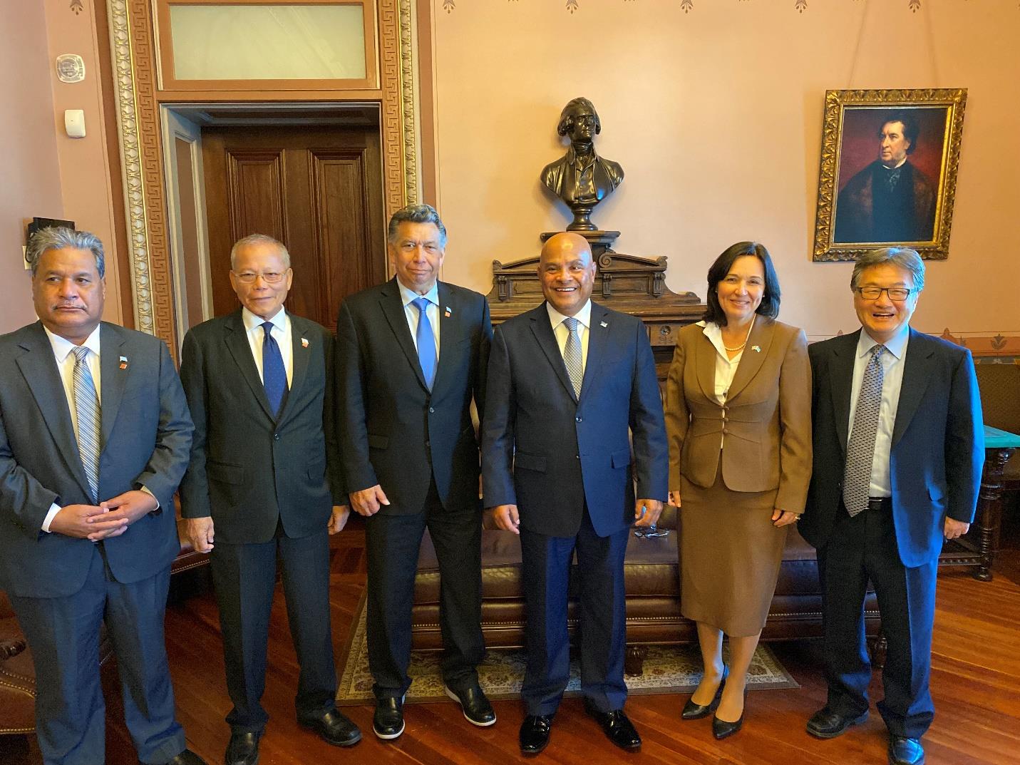 From left, Akilino H. Susaia, ambassador of the FSM to the U.S.;  Asterio Takesy, chair of the Joint Committee on Compact Review and Planning; Leo A. Falcam Jr., FSM’s chief Compact negotiator; David W. Panuelo, president of the FSM;  Carmen G. Cantor, ambassador of the U.S. to the FSM; and Joseph Y. Yun, U.S. special presidential envoy for Compact negotiations.