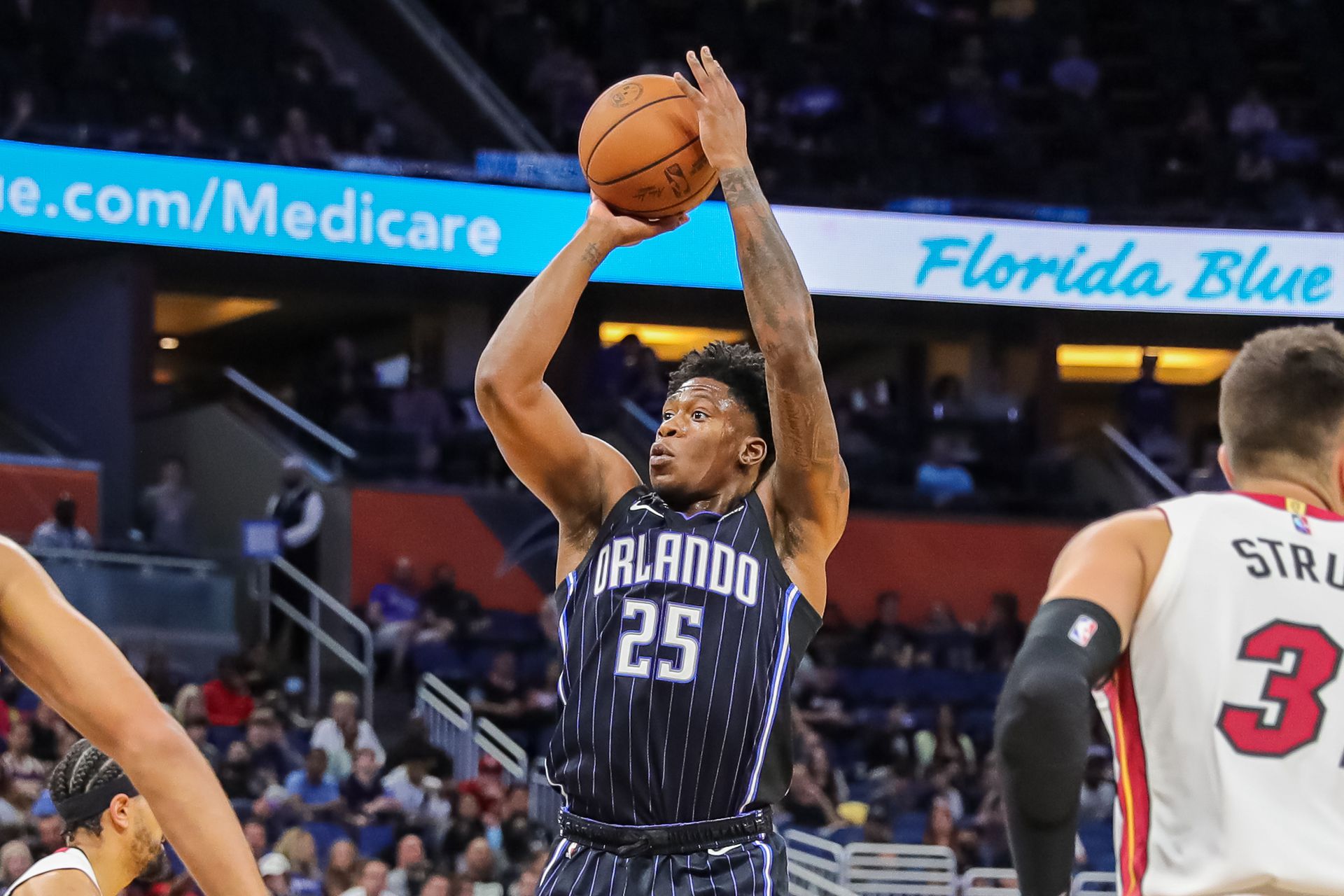 Orlando Magic forward Admiral Schofield (25) shoots the ball during the second half against the Miami Heat at Amway Center in Orlando, Florida on Dec. 17, 2021.