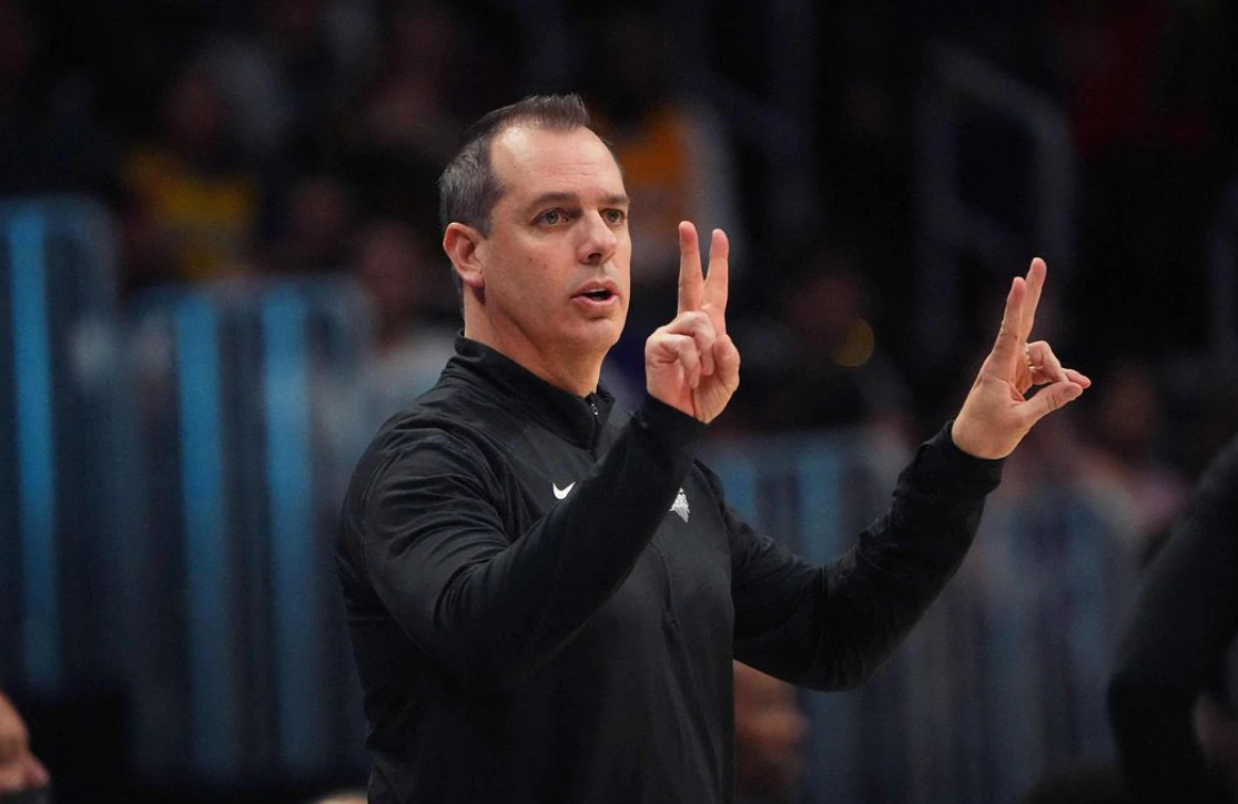 Los Angeles Lakers head coach Frank Vogel signals in the second quarter against the Denver Nuggets at Ball Arena in Denver, Colorado on April 10, 2022.