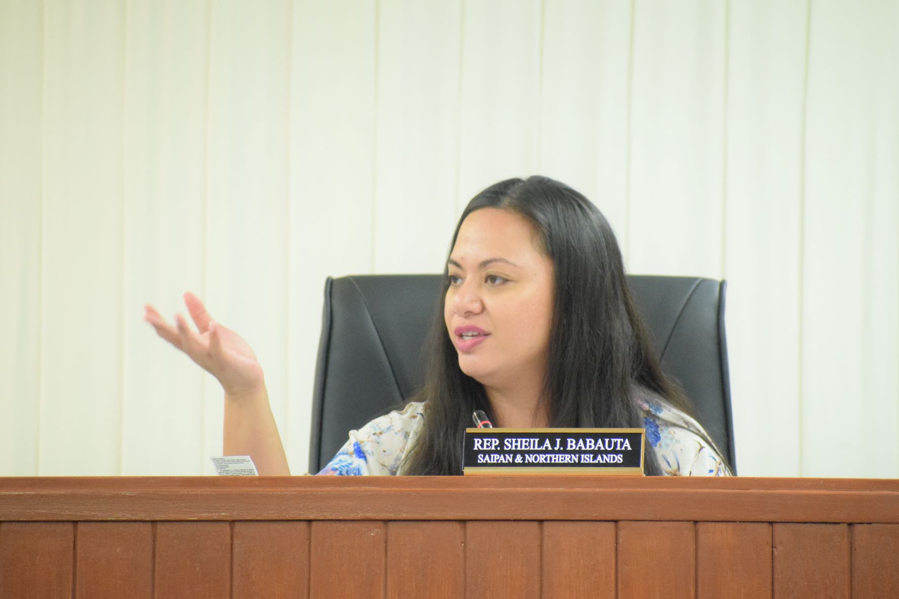 Rep. Sheila Babauta gestures during a recent House Education Committee meeting in the House chamber.