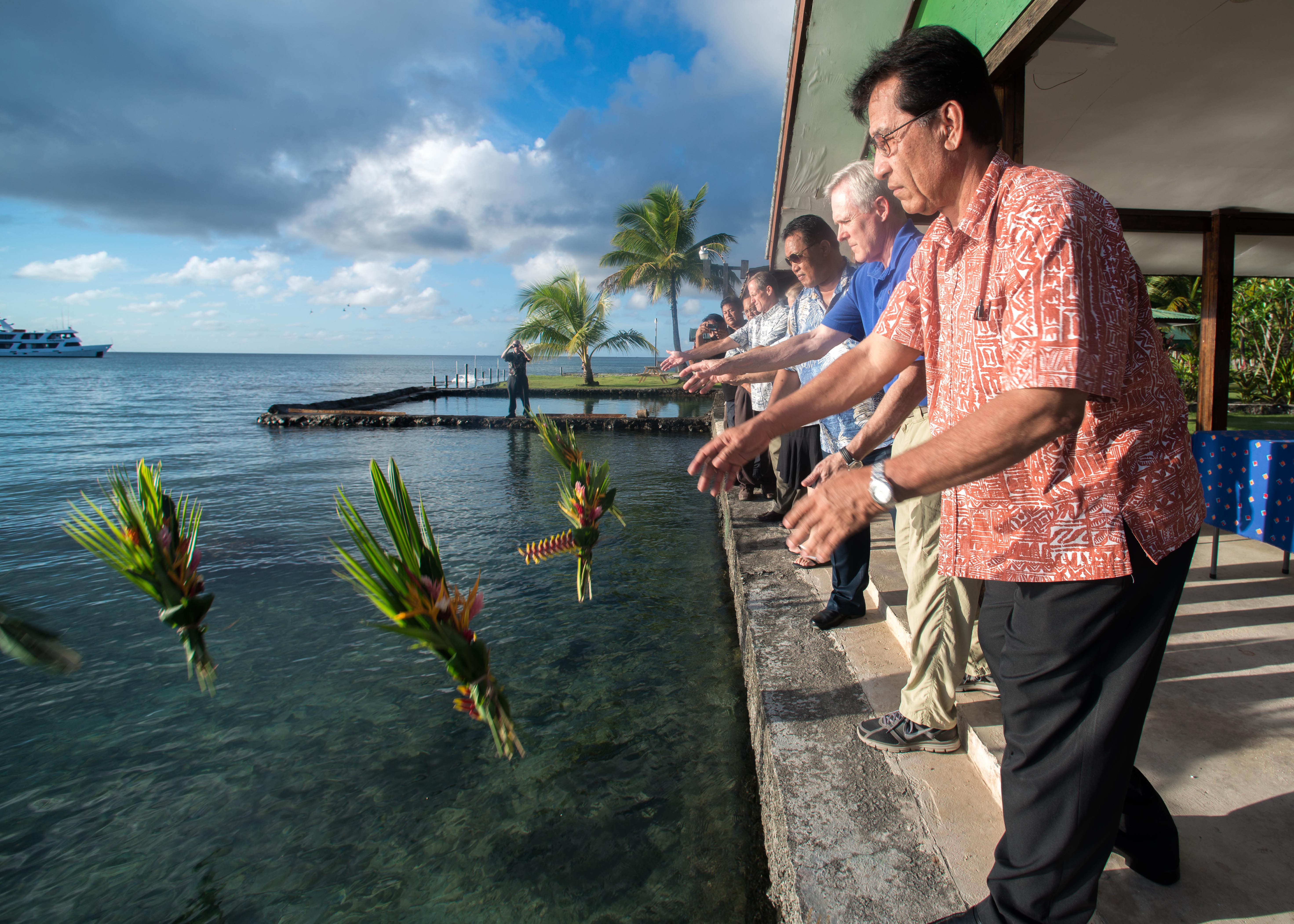 As president of the Federated States of Micronesia in 2012, Emanuel Mori participates in a wreath-laying ceremony with Secretary of the Navy Ray Mabus in honor of servicemembers who lost their lives in combat.
