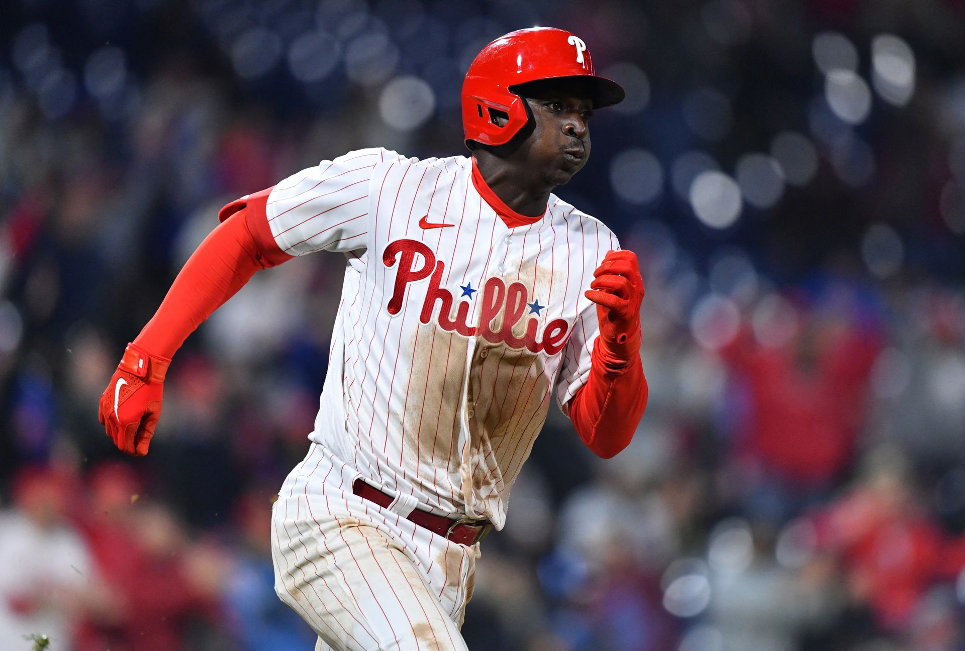 Philadelphia Phillies shortstop Didi Gregorius (18) rounds first after hitting an RBI double in the eighth inning against the New York Mets at Citizens Bank Park in Philadelphia, Pennsylvania on April 11, 2022.