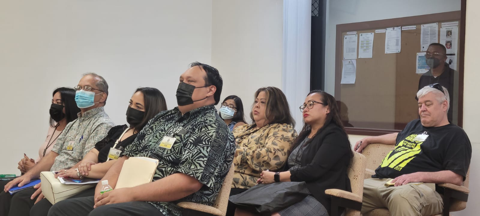 Former Senior Policy Adviser Glenna Sakisat Palacios, Commonwealth Utilities Corporation Executive Director Gary Camacho, Marianas Visitors Authority Managing Director Priscilla M. Iakopo and Office of Grants Management and State Clearinghouse Administrator Epiphanio Cabrera Jr. are seen in the Senate gallery during the Senate impeachment hearing on Friday.