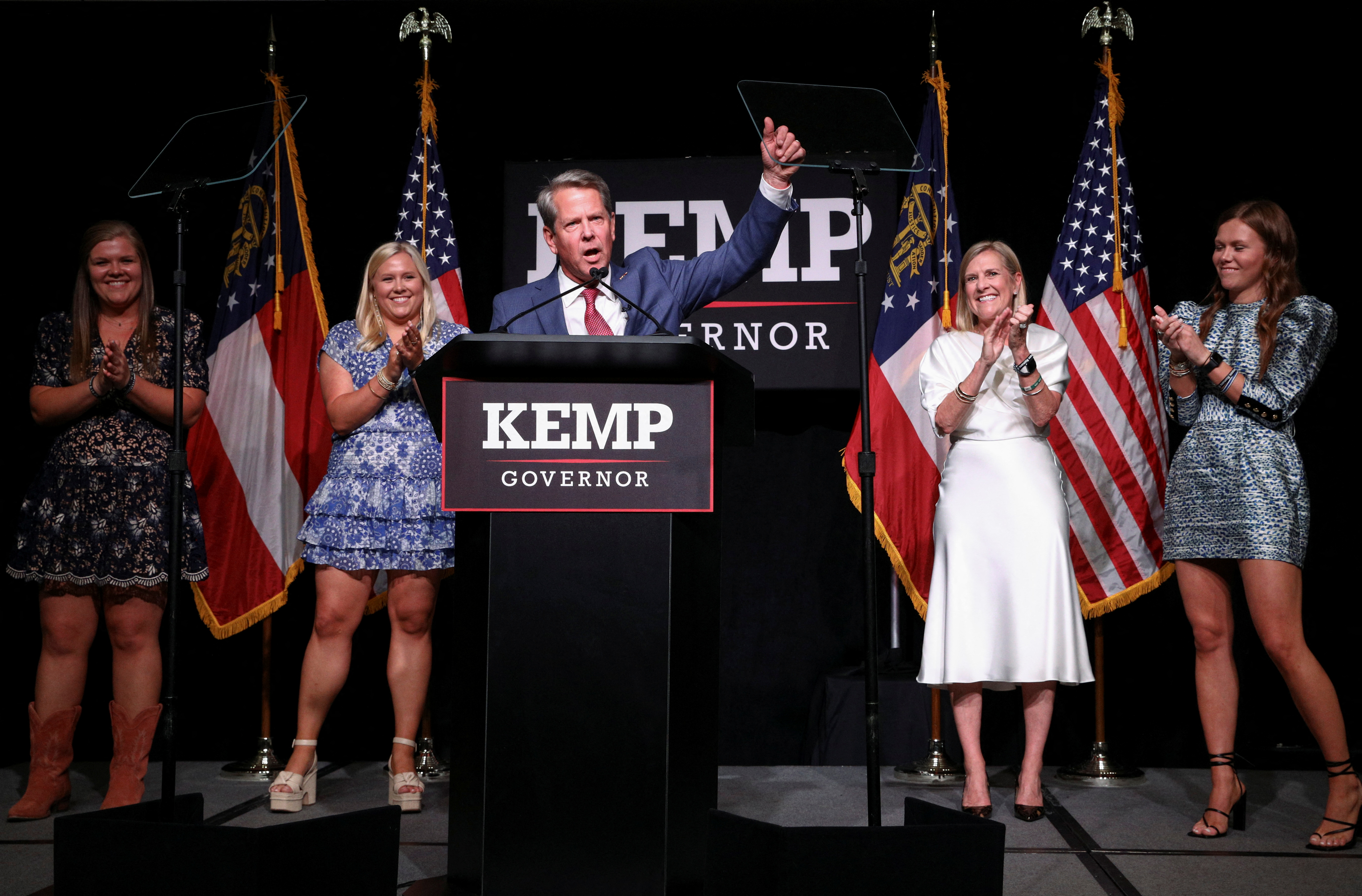 Gov. Brian Kemp speaks after winning the Republican primary during his primary election watch party in Atlanta, Georgia, May 24, 2022.