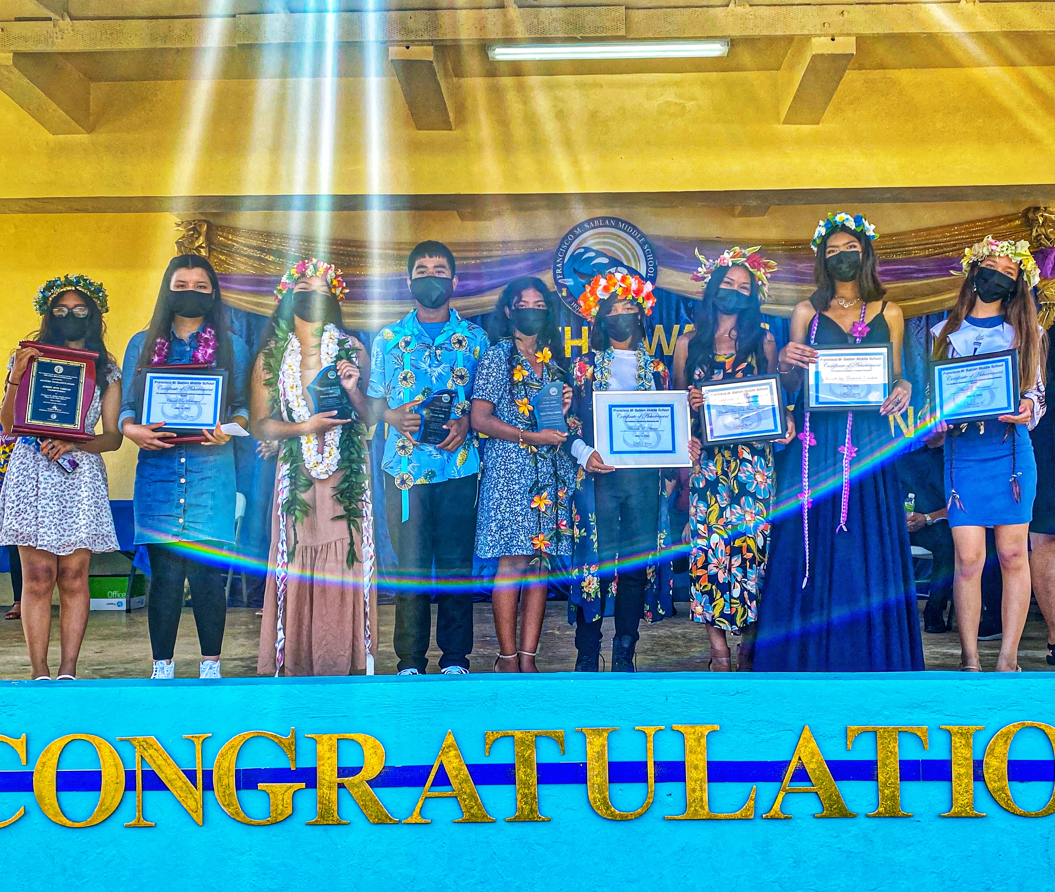 Napu Spirit Award went to Heman Addy; Leadership Award — Noreen Malakai; Middle School Leadership Corps Award —  Kaylene Deleon Guerrero; English Language Arts, Science, Social Studies and Project Lead The Way — Aubrey June Tabenas;  Math & Chamorro Carolinian Language and Heritage Studies-Carolinian — Chenille Sabangan;  CCLHS Chamorro — Amiah Benavente; Leadership Corps & Computer —  Christel Ann Aninzo; Performing Arts —  Aubrey Tabenas & Daverish Alqueza; and Physical Education —  Aubrey Tabenas and Joannah Lynn Concillado.