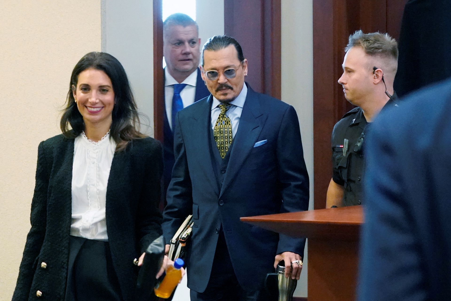 Actor Johnny Depp arrives into the courtroom during his defamation case against ex-wife, Amber Heard, at the Fairfax County Circuit Courthouse in Fairfax, Va. On May 23, 2022.