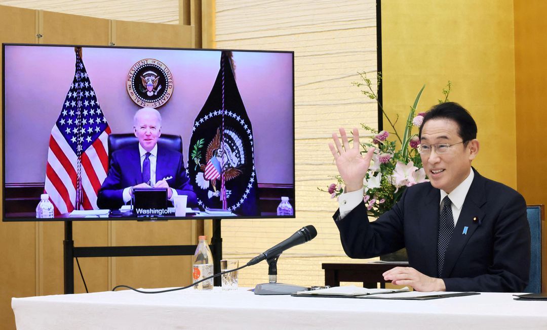 Japan's Prime Minister Fumio Kishida attends a virtual meeting with President Joe Biden at his official residence in Tokyo, Japan on Jan. 21, 2022.