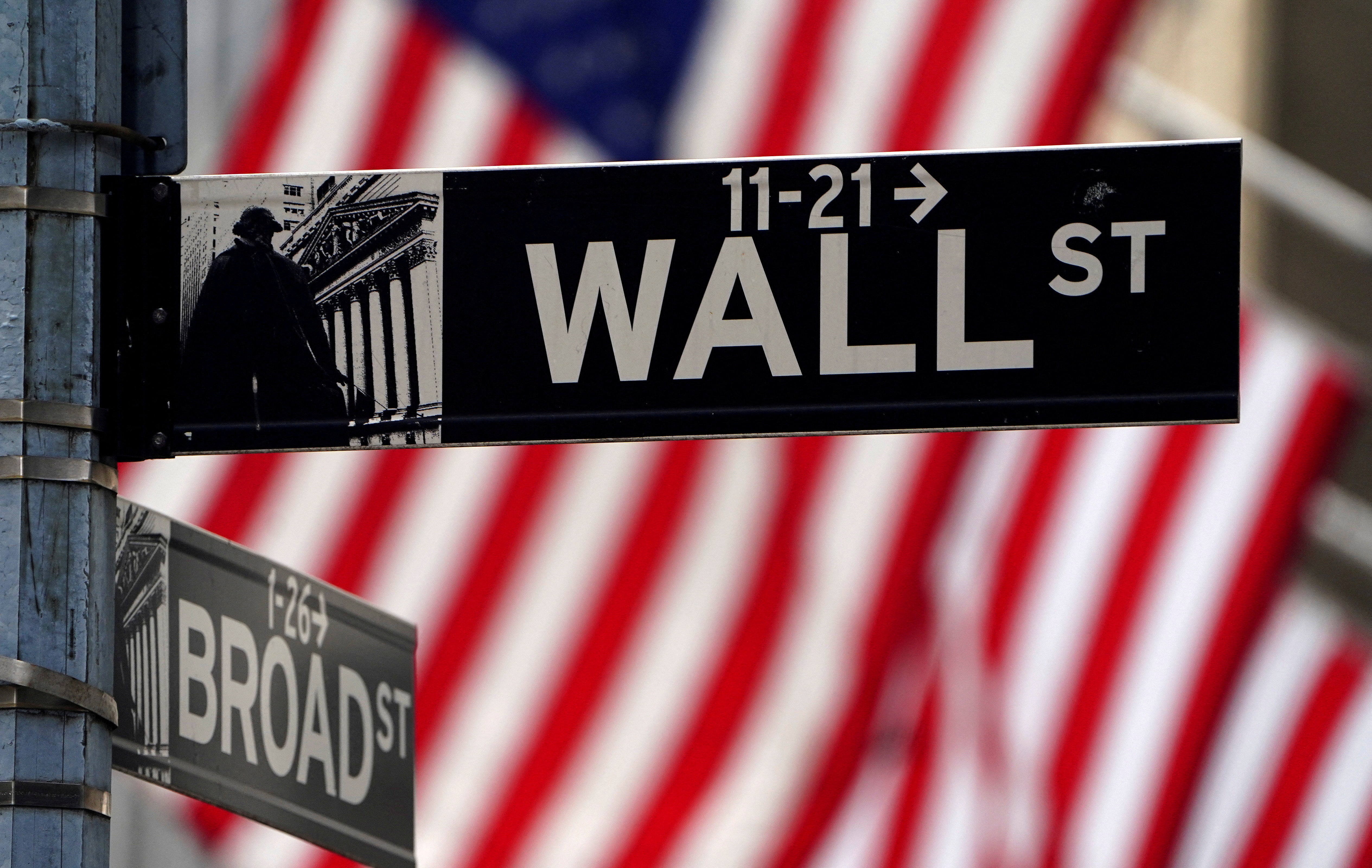 A Wall Street sign is pictured outside the New York Stock Exchange in the Manhattan borough of New York City, April 16, 2021.