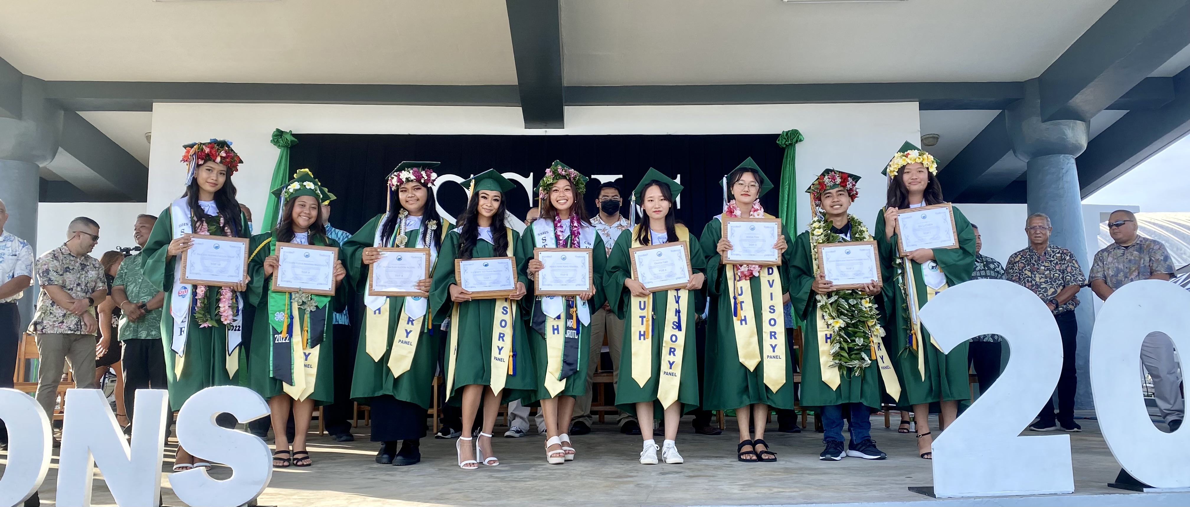 The Top 10 graduates of Saipan Southern High School’s Class of 2022.  From right, Jia Li Chen (1), Juan Isaiah Jose Deleon Guerrero Ada (2), Anna Pan (3), Diana Cao (4), Marie Ann Hembra (5), Marianne Kate Kapileo (6), Journey Te’i Mafnas (7), Alyssa Jean Alegre (7), Claire Eliesa Barrozo (9), and Pauline Shaine Viray (10). 