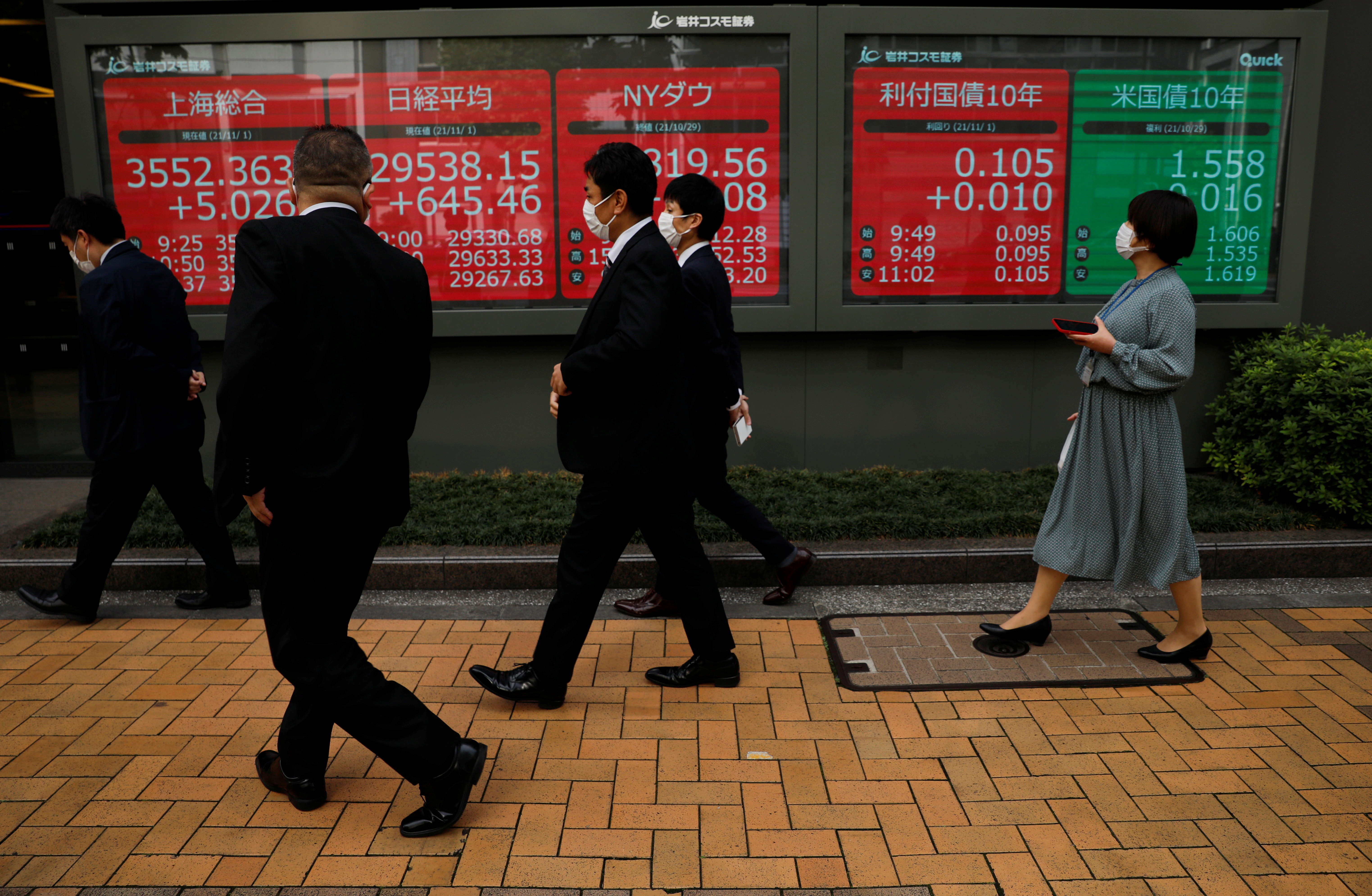 Passersby wearing protective face masks walk past an electronic board displaying world stock indexes, amid the coronavirus disease pandemic, in Tokyo, Japan, Nov. 1, 2021.